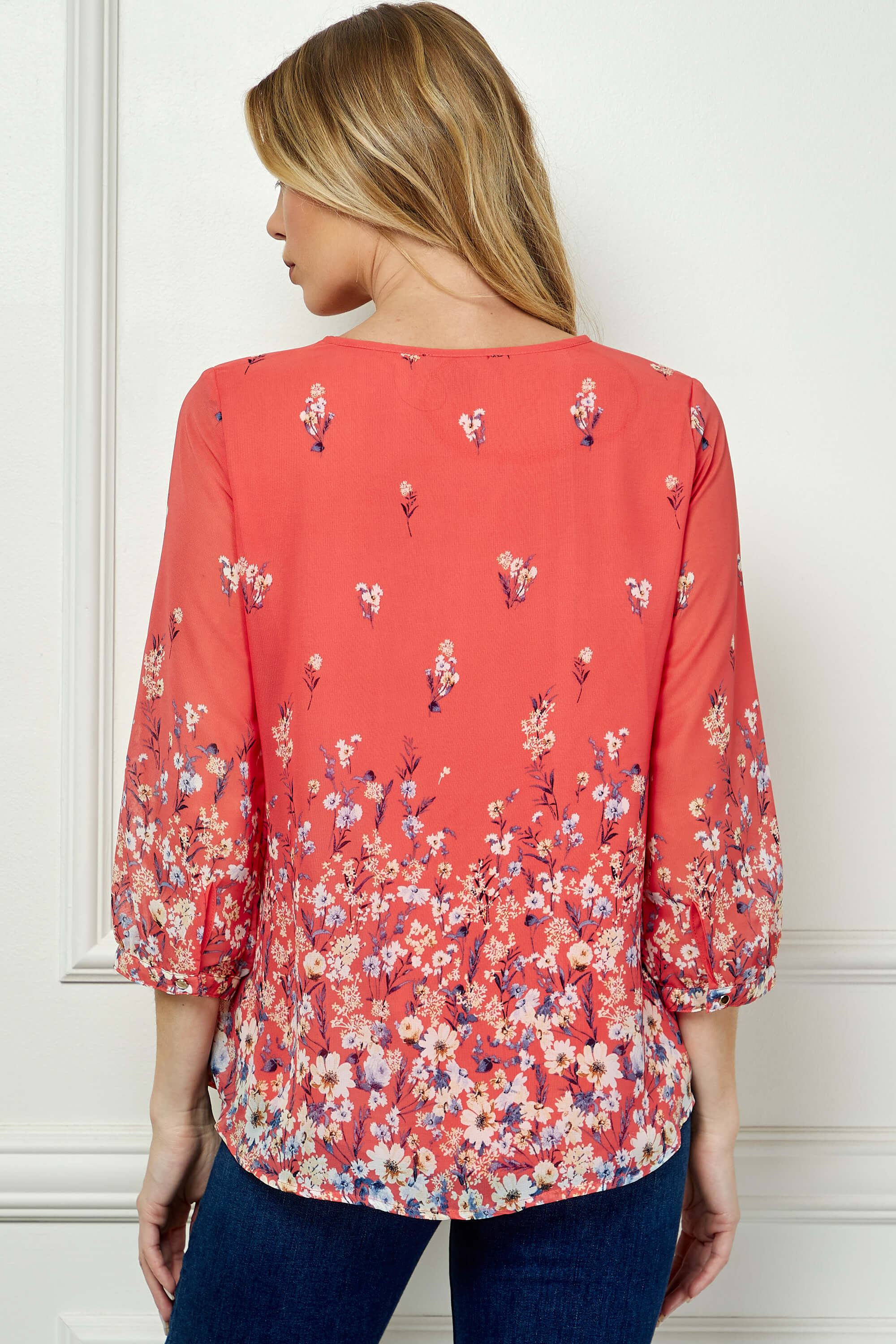 3/4 Button Cuff Sleeve Tie Neck Border Print Blouse in Coral - Image 2
