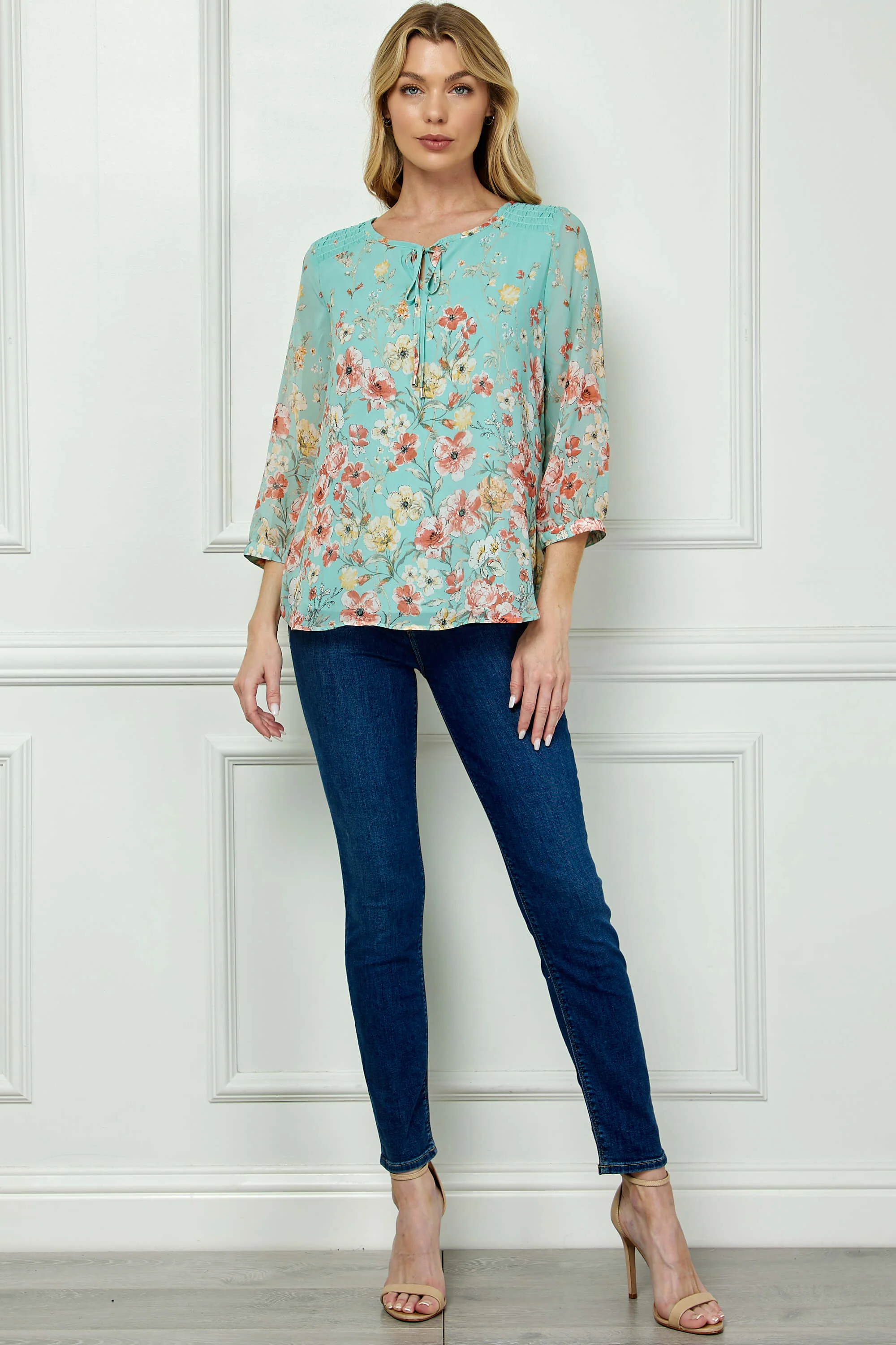 3/4 Button Cuff Smock Shoulder Tie Neck Border Print Blouse in Seafoam Petals - Image 4