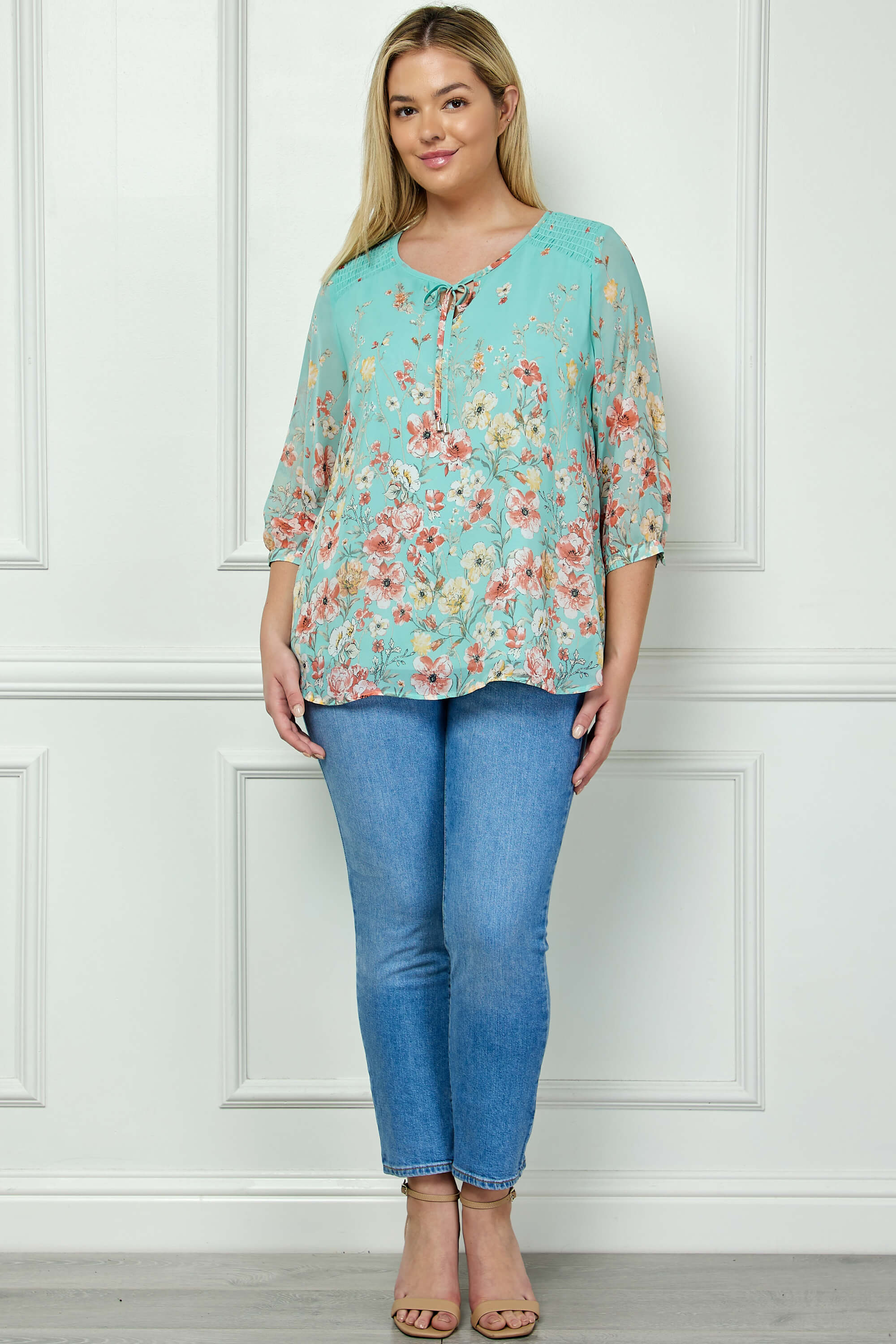 3/4 Button Cuff Smock Shoulder Tie Neck Border Print Blouse in Seafoam Petals - Plus - Image 4