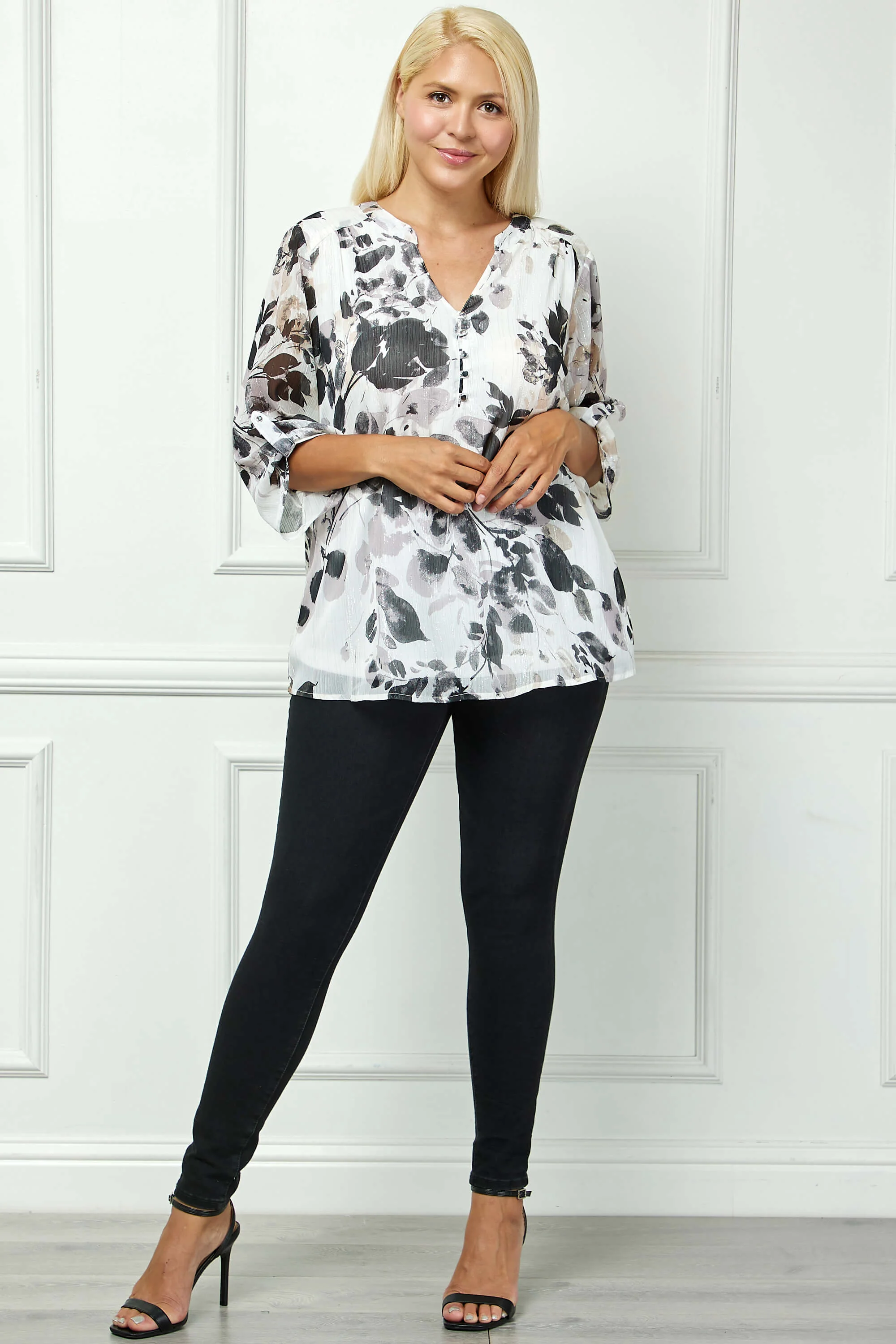 3/4 Button Tab Sleeve Mandarin Collar Blouse in Ivory/Gray - Plus - Image 2