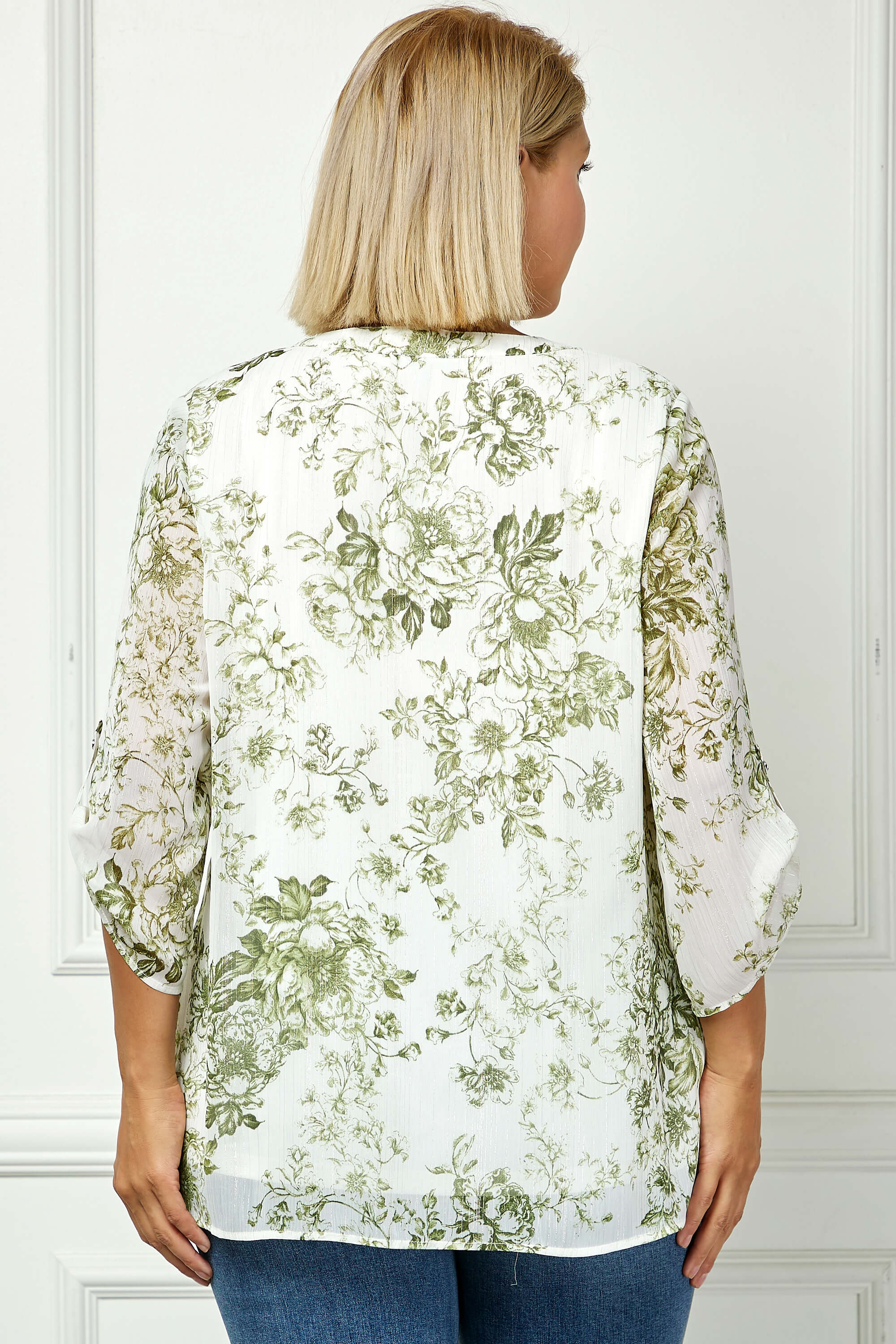 3/4 Button Tab Sleeve Mandarin Collar Popover Blouse - Plus - Cream/Olive - Image 2