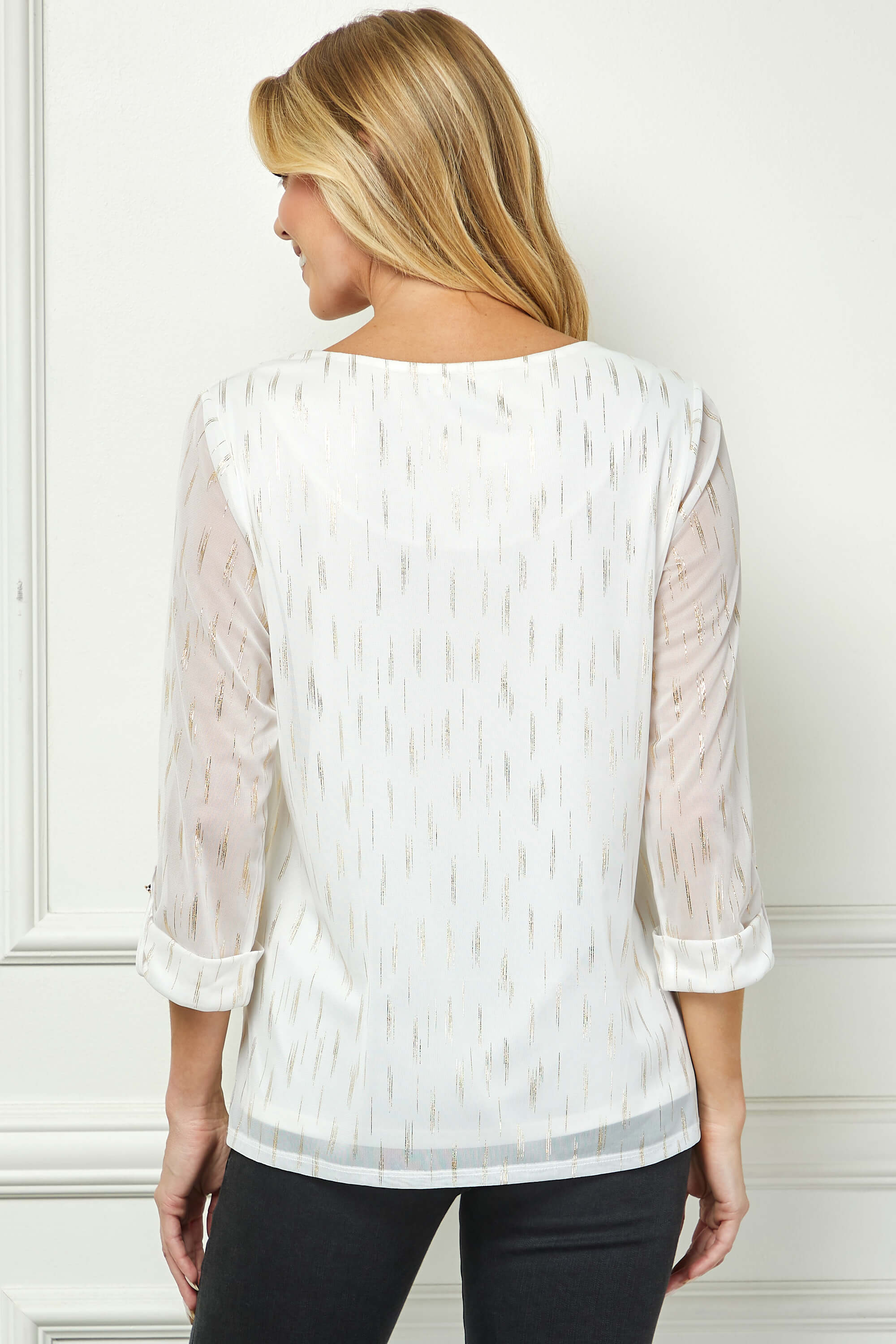 3/4 Button Tab Sleeve Scoop Neck Foil Blouse in Ivory - Image 4