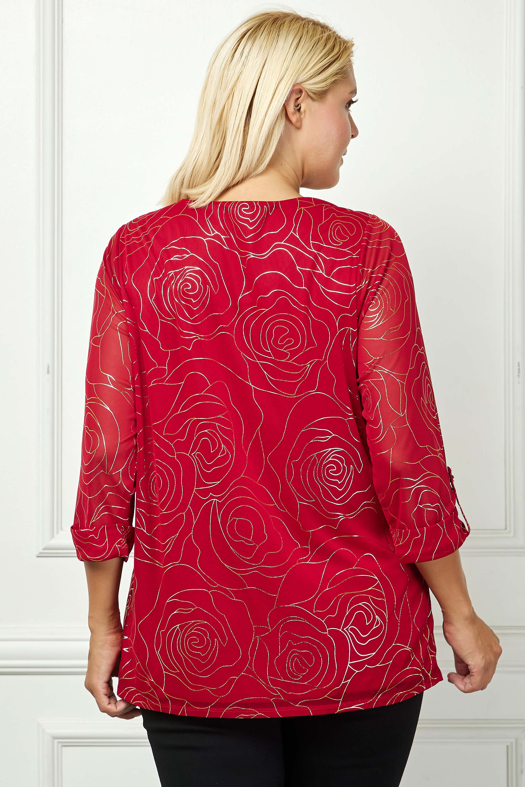 3/4 Button Tab Sleeve Scoop Neck Foil Blouse in Red - Plus - Image 4