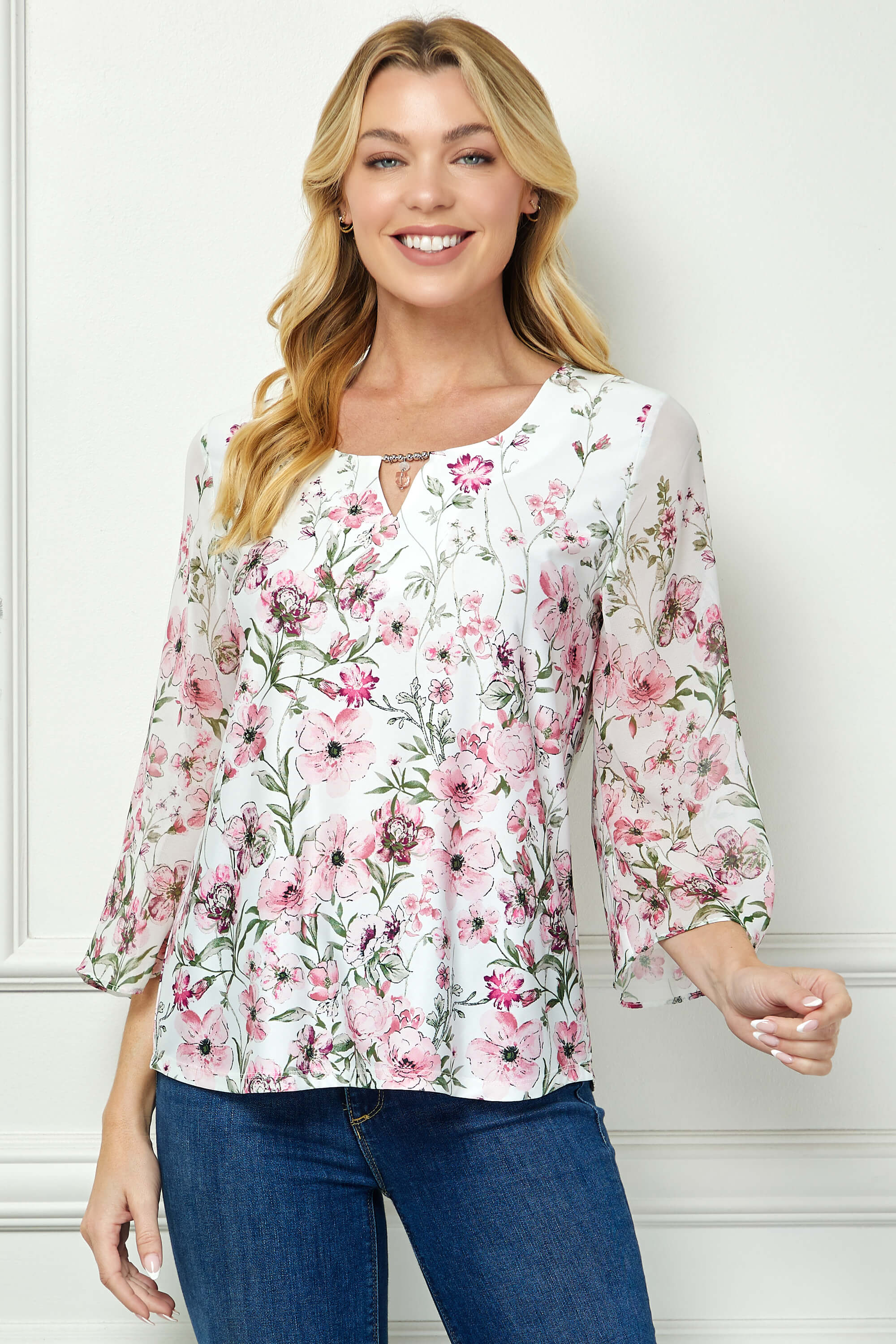 3/4 Flare Sleeve Cutout Neck Border Print Blouse - Ivory