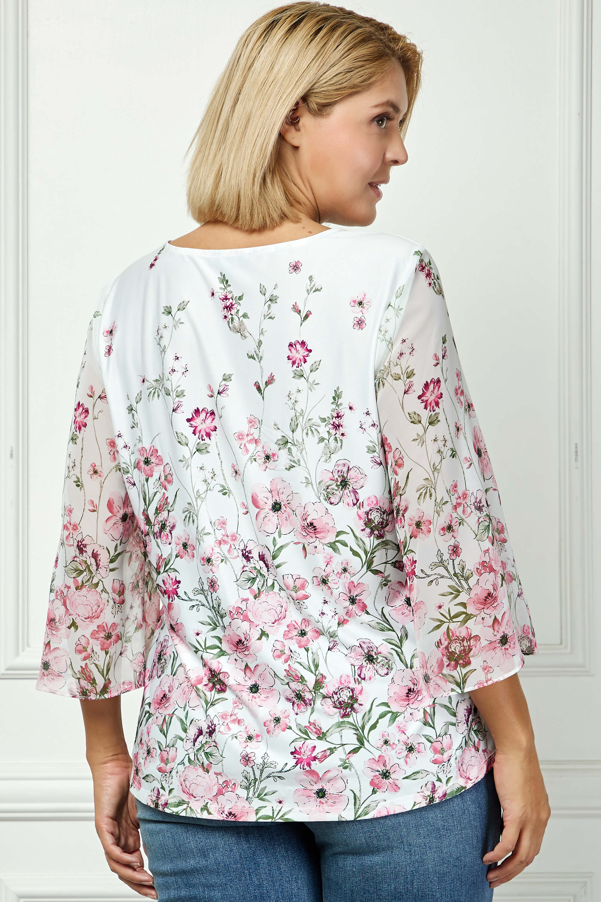 3/4 Flare Sleeve Cutout Neck Border Print Blouse - Ivory - Plus - Image 4