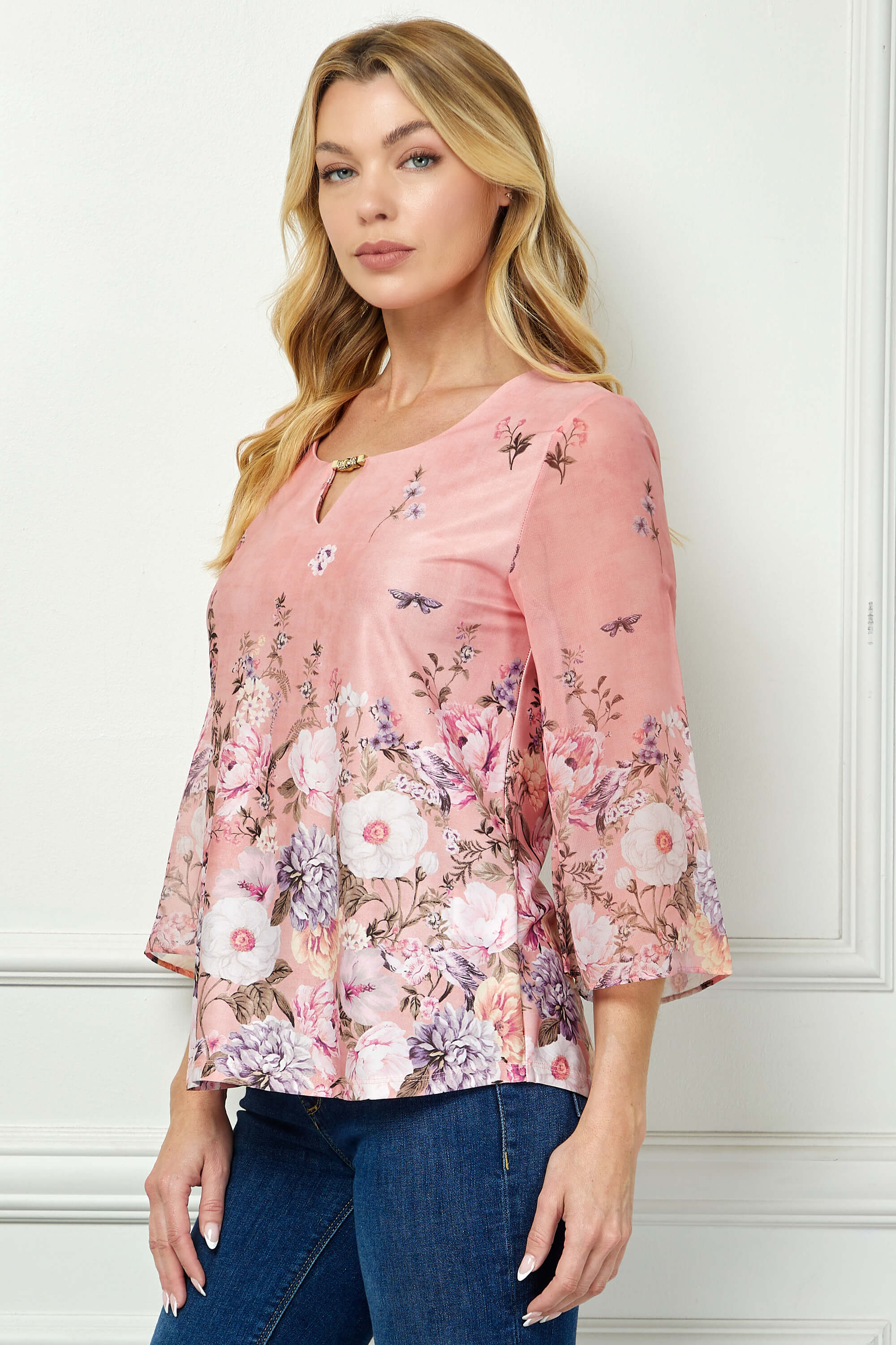 3/4 Flare Sleeve Cutout Neck Border Print Blouse - Pink - Image 3