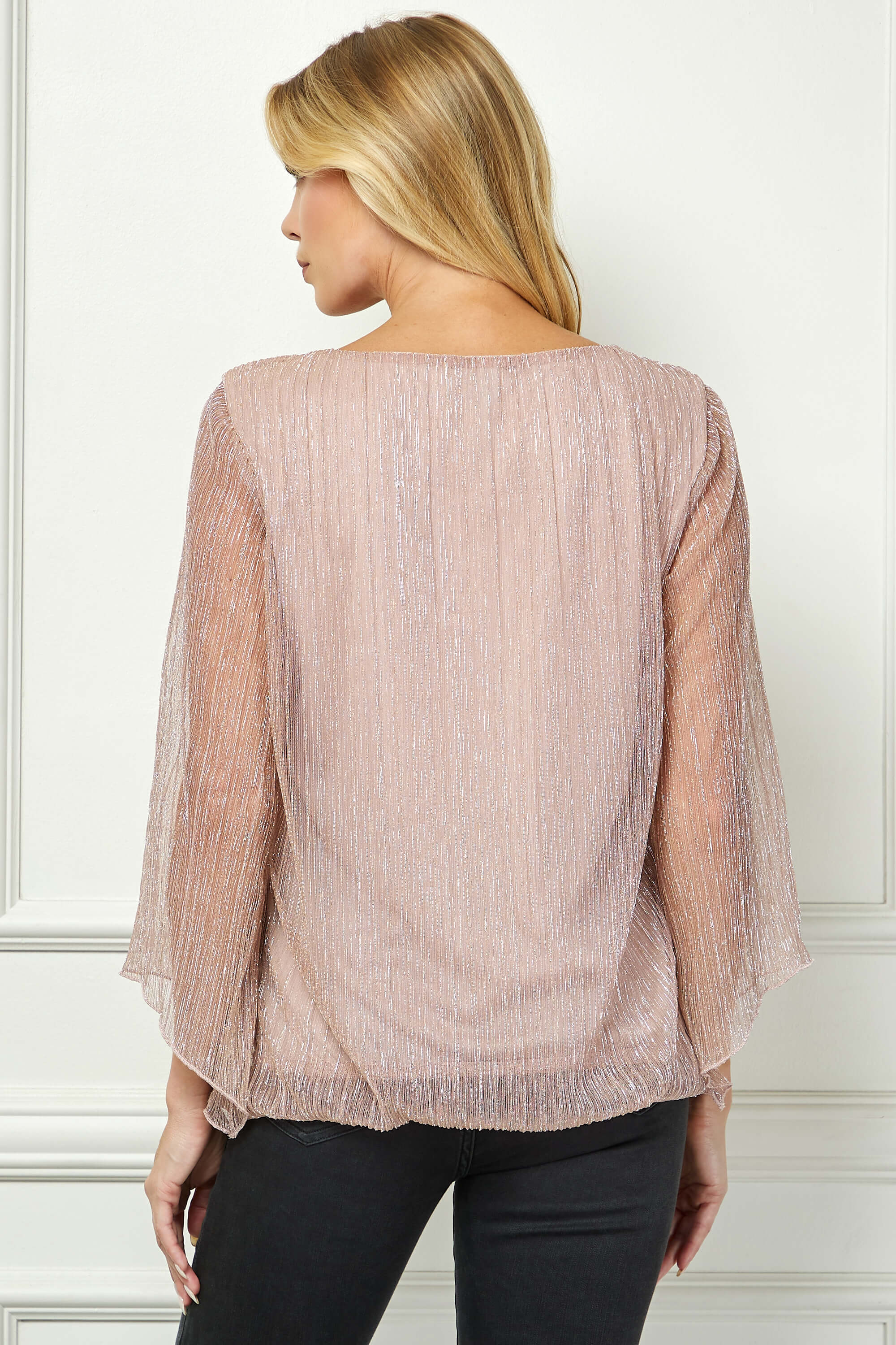 3/4 Flare Sleeve Cutout Neck Bubble Blouse - Pink - Image 4