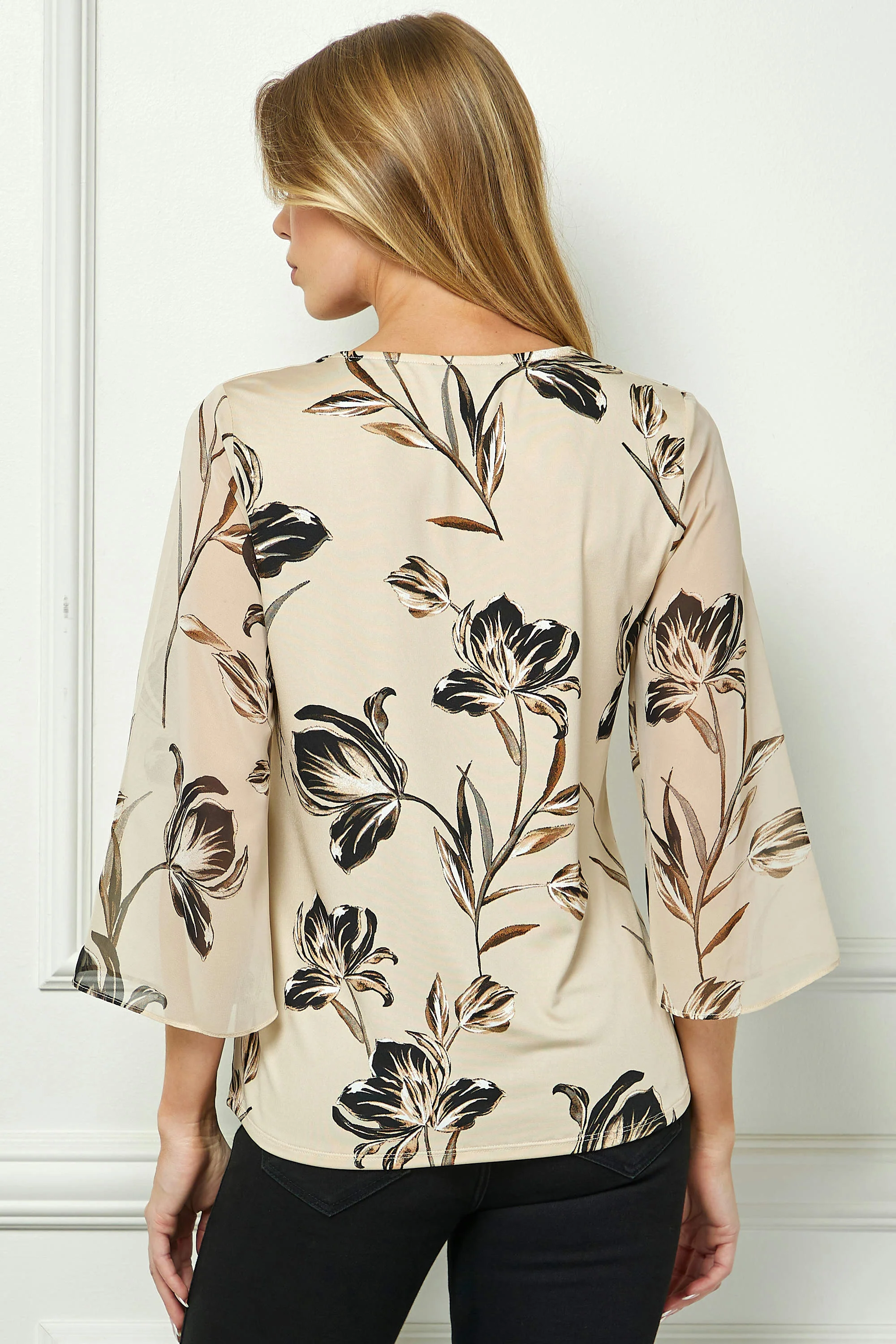 3/4 Flare Sleeve Cutout Trim Front Neck Swing Blouse in Beige - Image 4