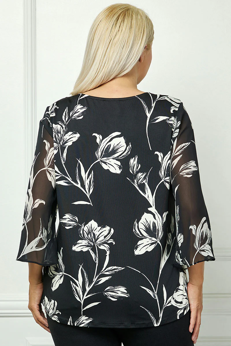 3/4 Flare Sleeve Cutout Trim Front Neck Swing Blouse in Black - Plus - Image 4