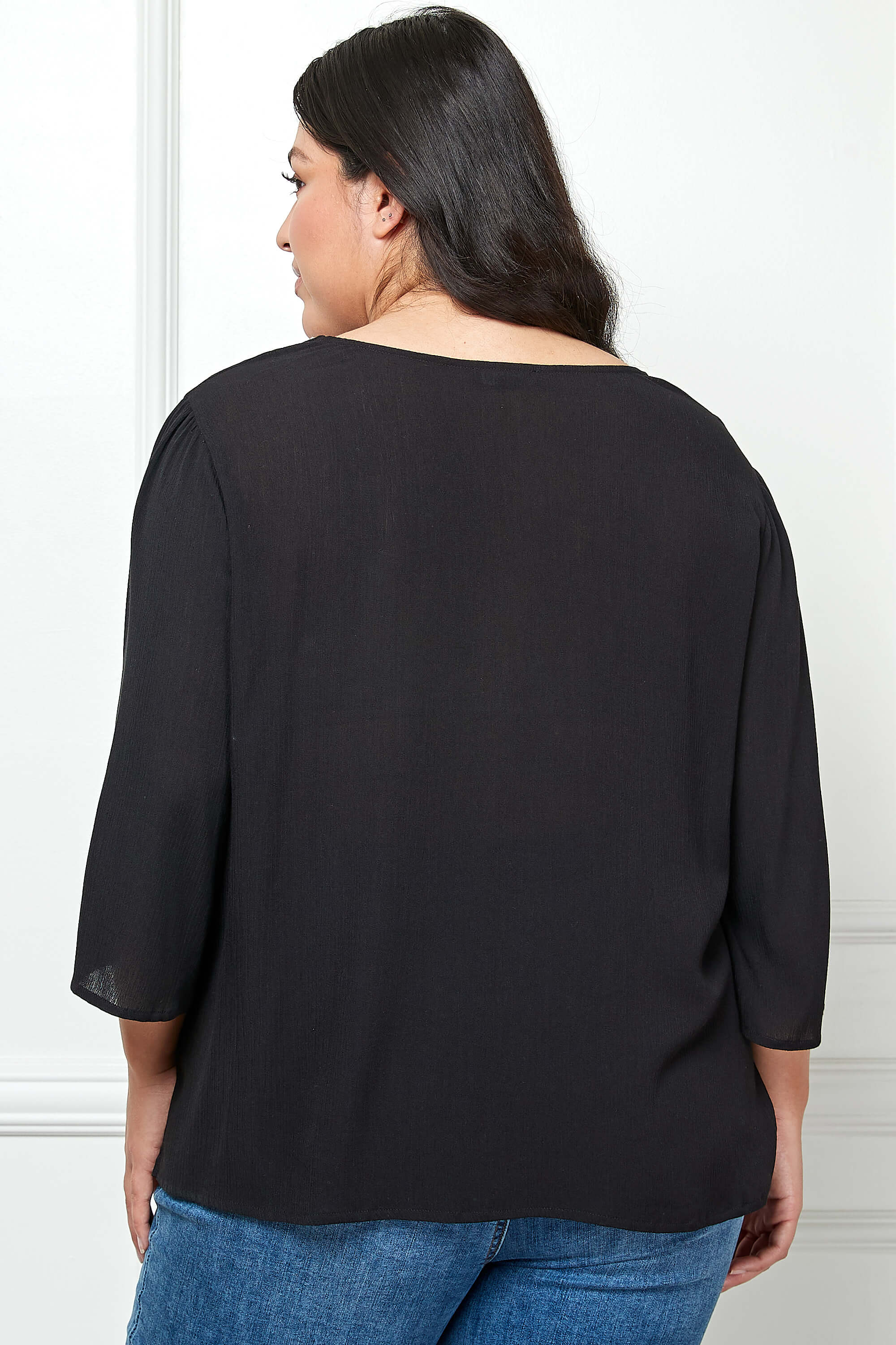 Roz and Ali 3/4 Flare Sleeve Embroidered Yoke Tunic in Black - Plus - Image 4