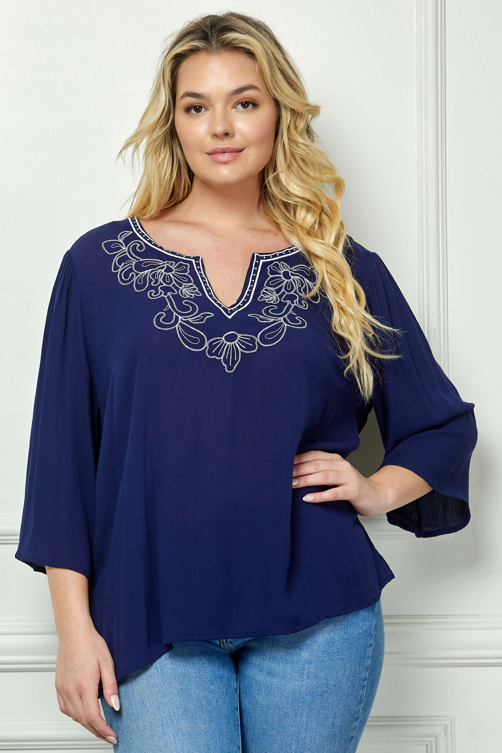 Roz and Ali 3/4 Flare Sleeve Embroidered Yoke Tunic in Navy - Plus