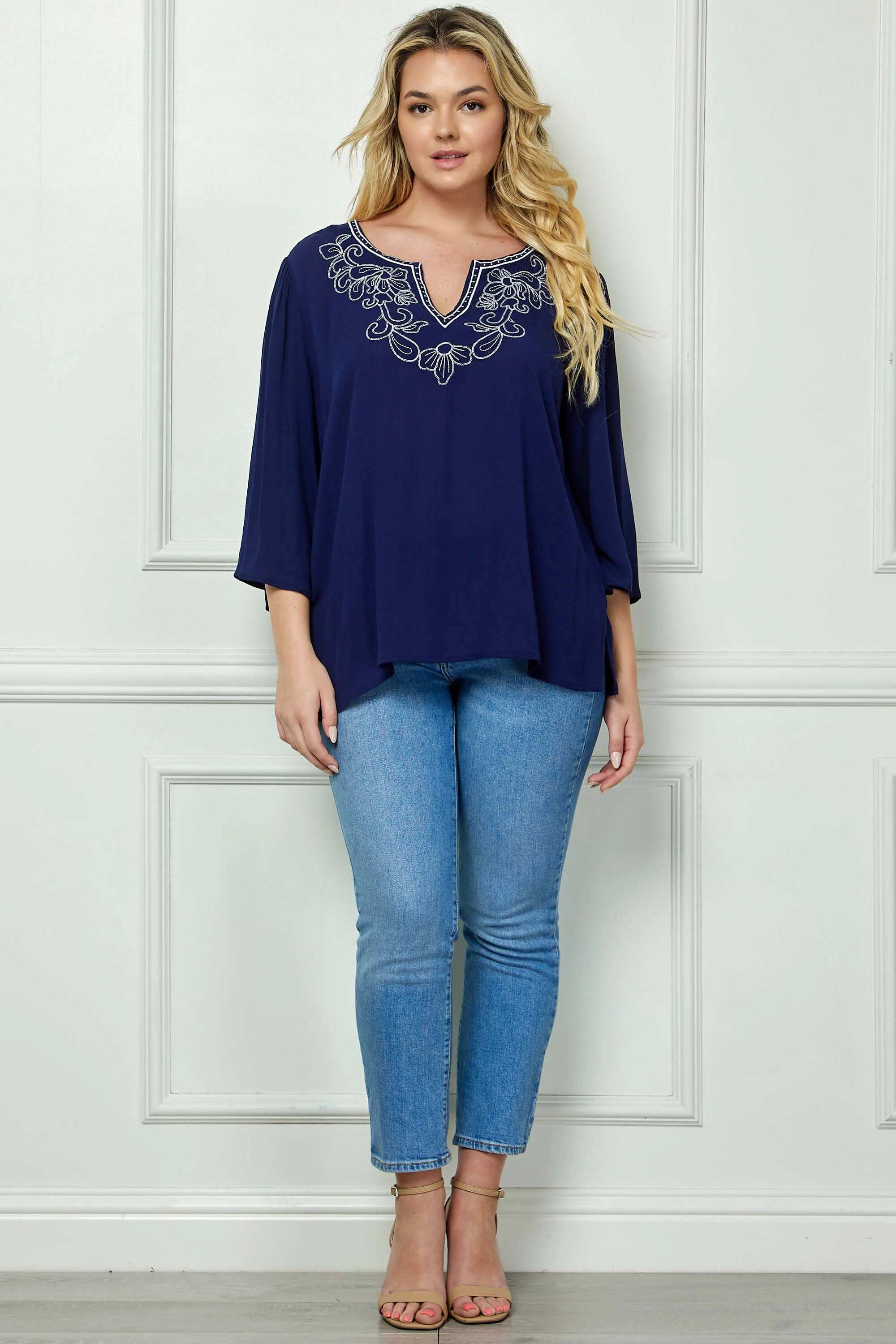 Roz and Ali 3/4 Flare Sleeve Embroidered Yoke Tunic in Navy - Plus - Image 2