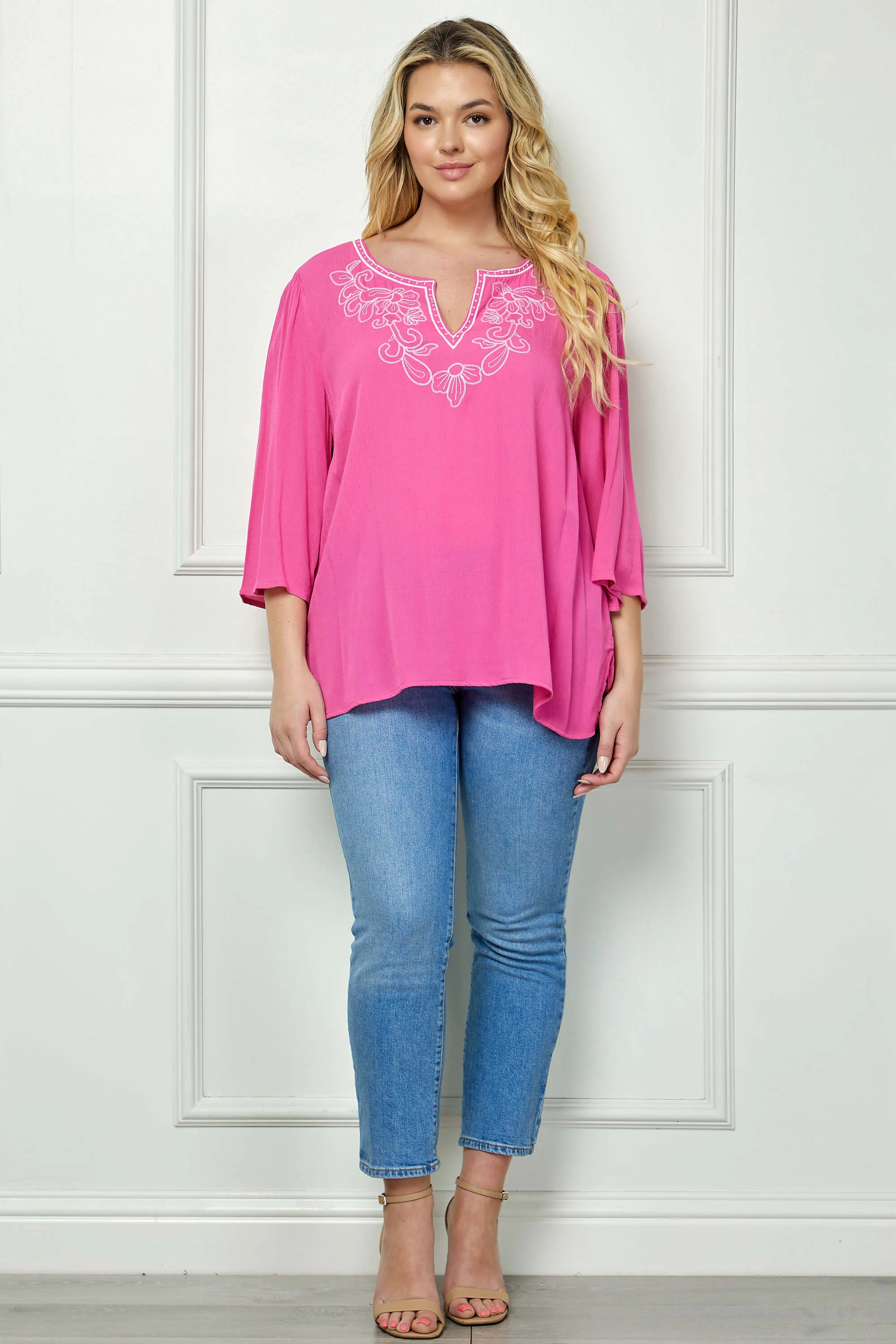Roz and Ali 3/4 Flare Sleeve Embroidered Yoke Tunic in Pink - Plus - Image 2