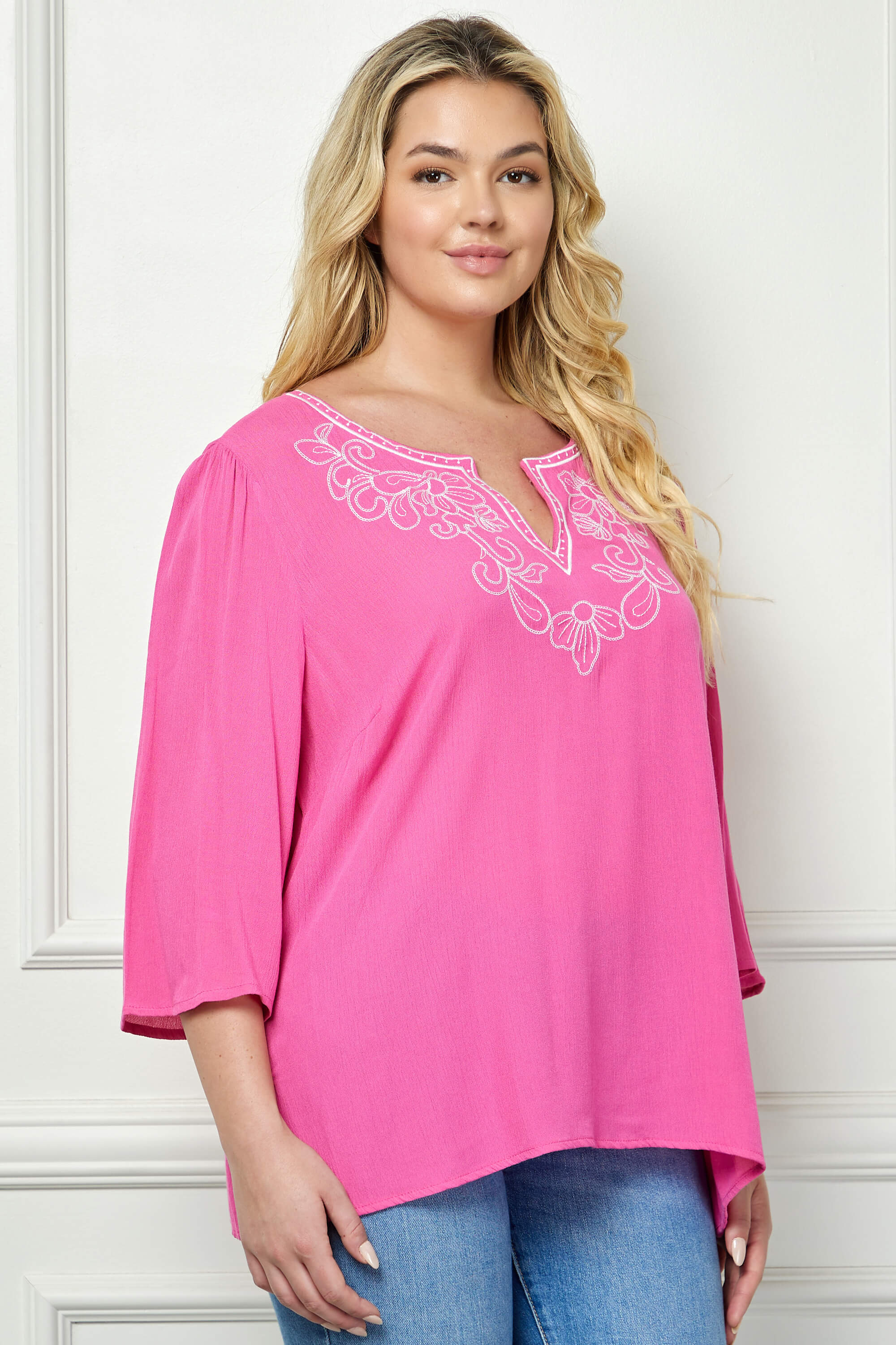 Roz and Ali 3/4 Flare Sleeve Embroidered Yoke Tunic in Pink - Plus - Image 3