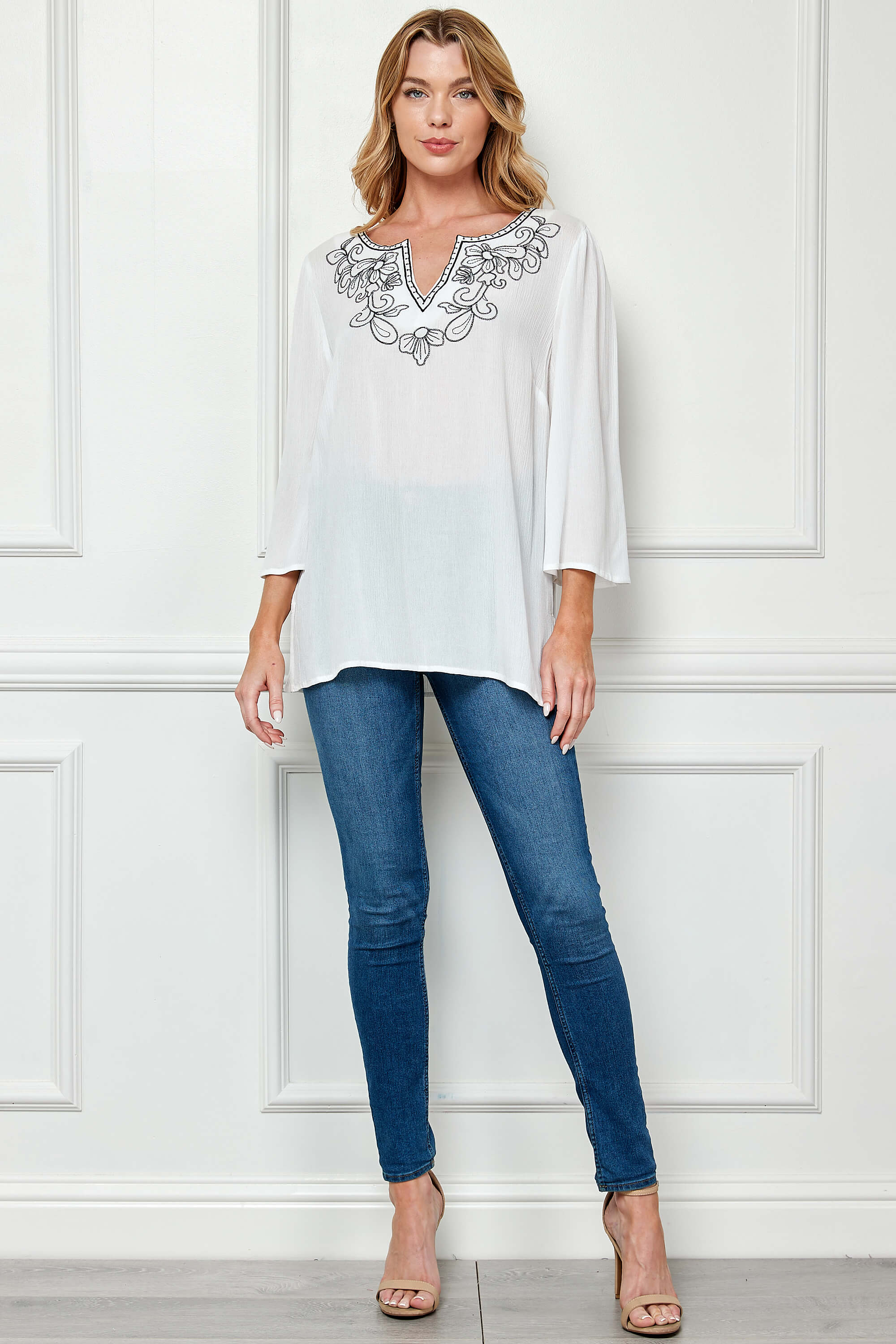 Roz and Ali 3/4 Flare Sleeve Embroidered Yoke Tunic in White - Image 2