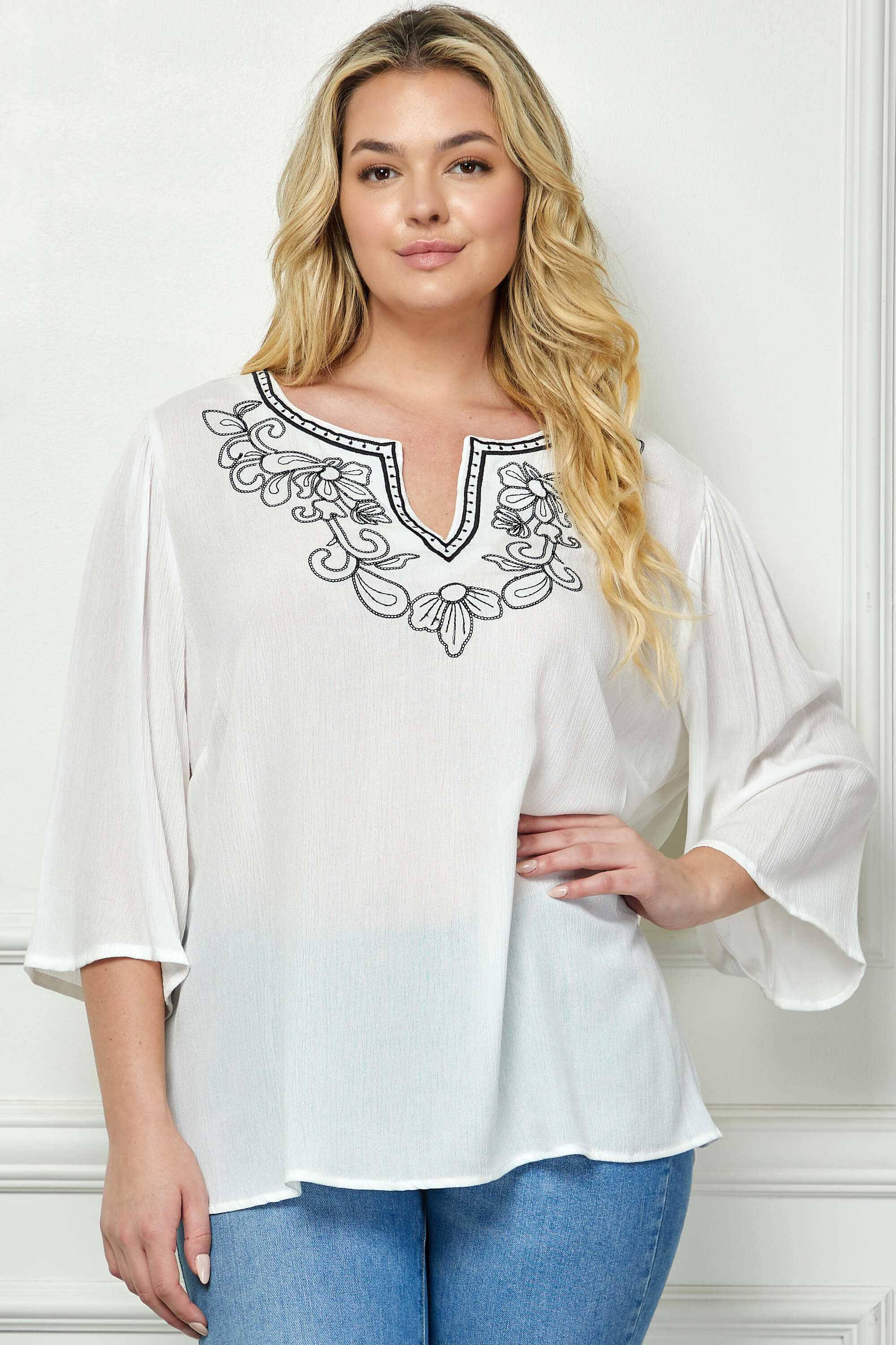 Roz and Ali 3/4 Flare Sleeve Embroidered Yoke Tunic in White - Plus