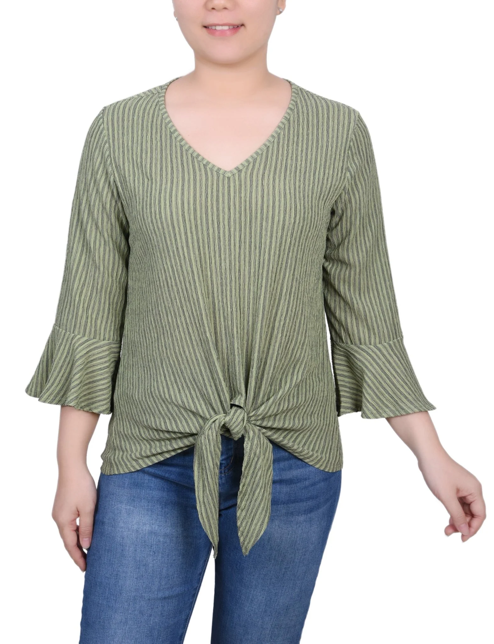 3/4 Length Bell Sleeve Textured Knit Top - Petite - Image 13