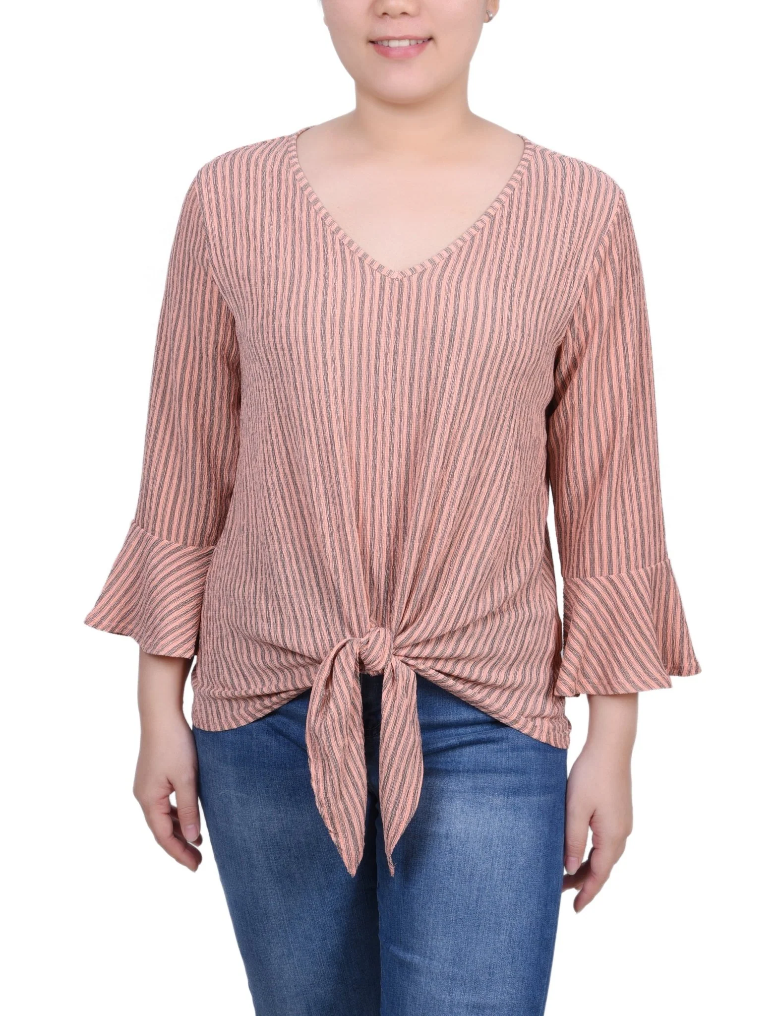 3/4 Length Bell Sleeve Textured Knit Top - Petite - Image 5
