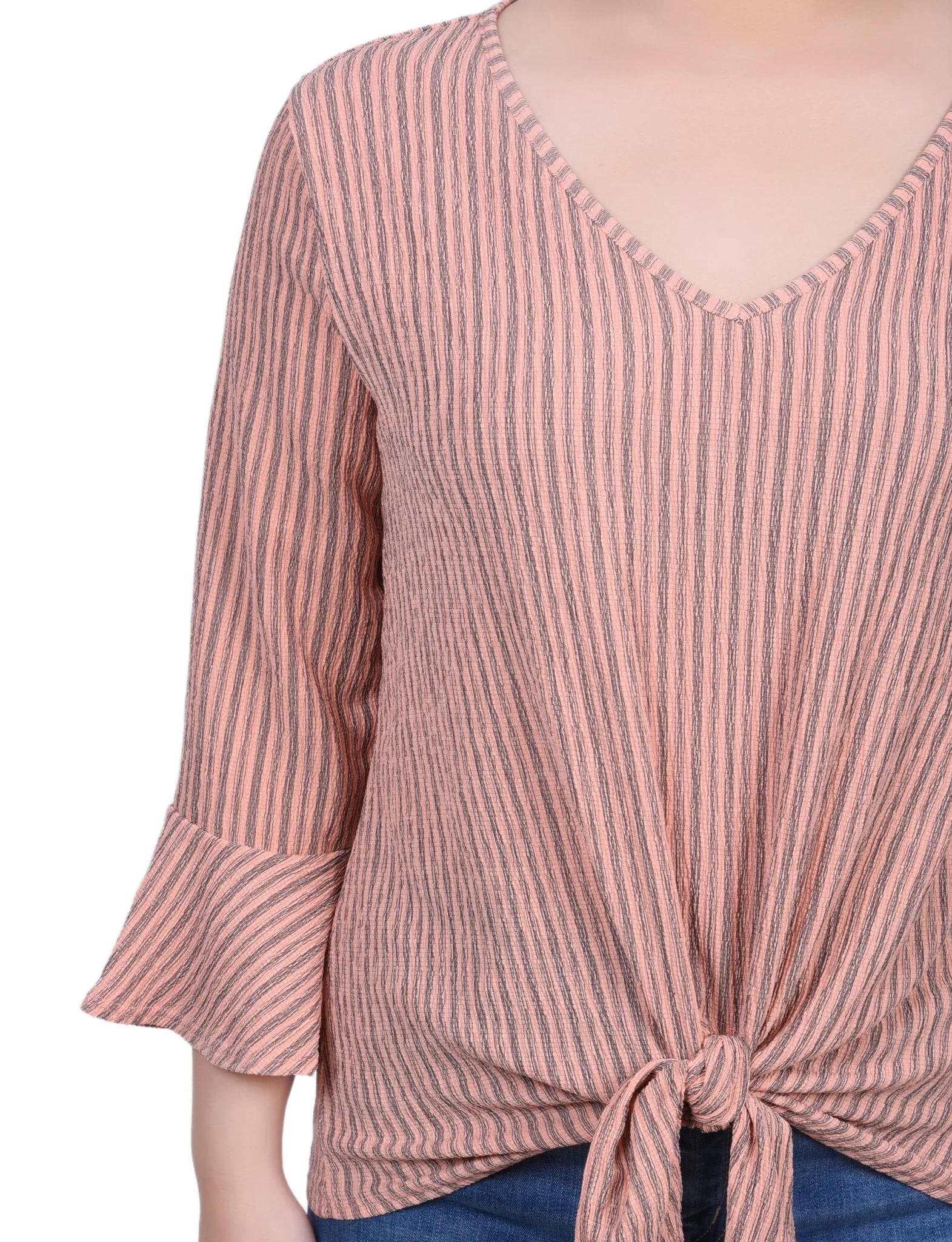 3/4 Length Bell Sleeve Textured Knit Top - Petite - Image 7