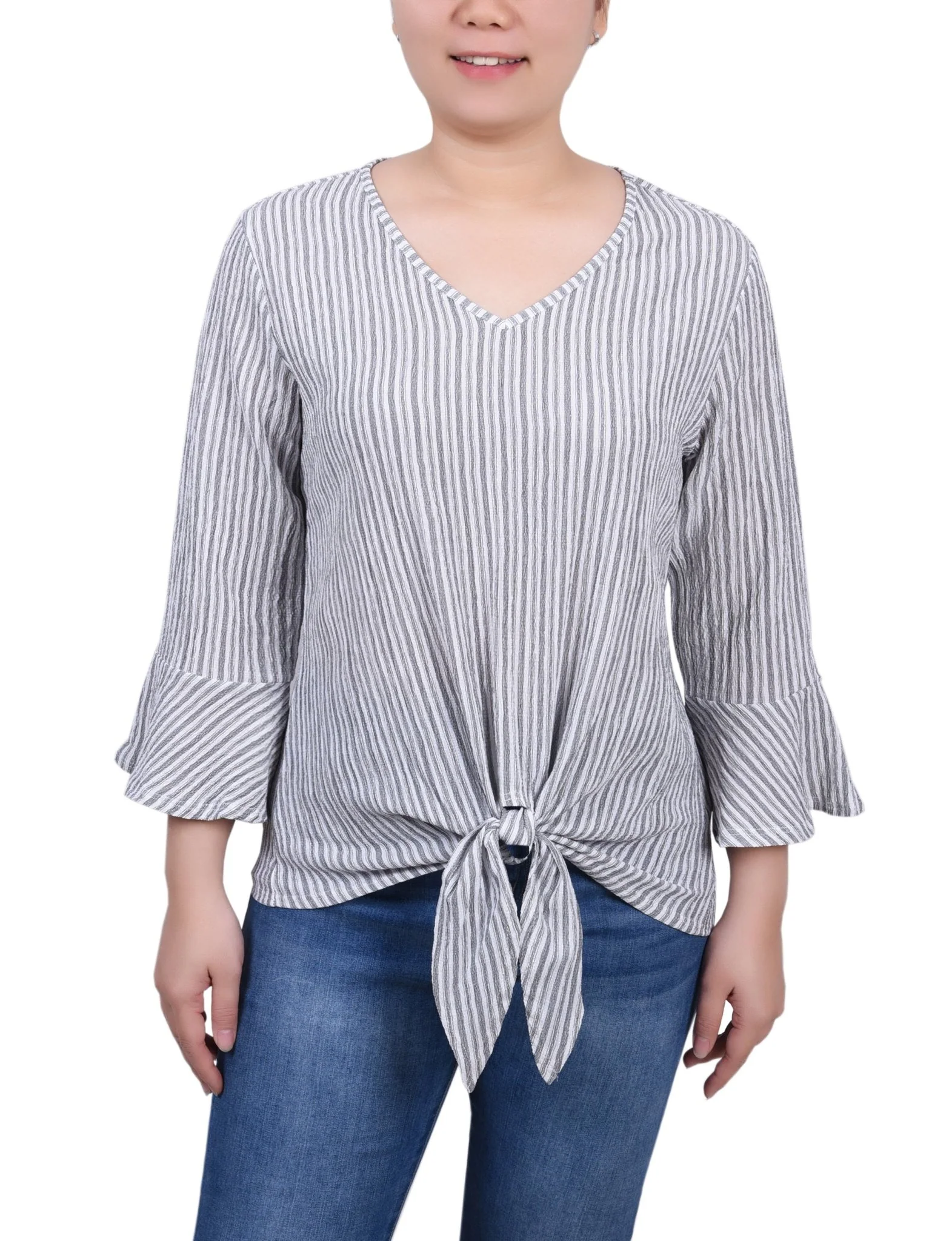 3/4 Length Bell Sleeve Textured Knit Top - Petite - Image 9