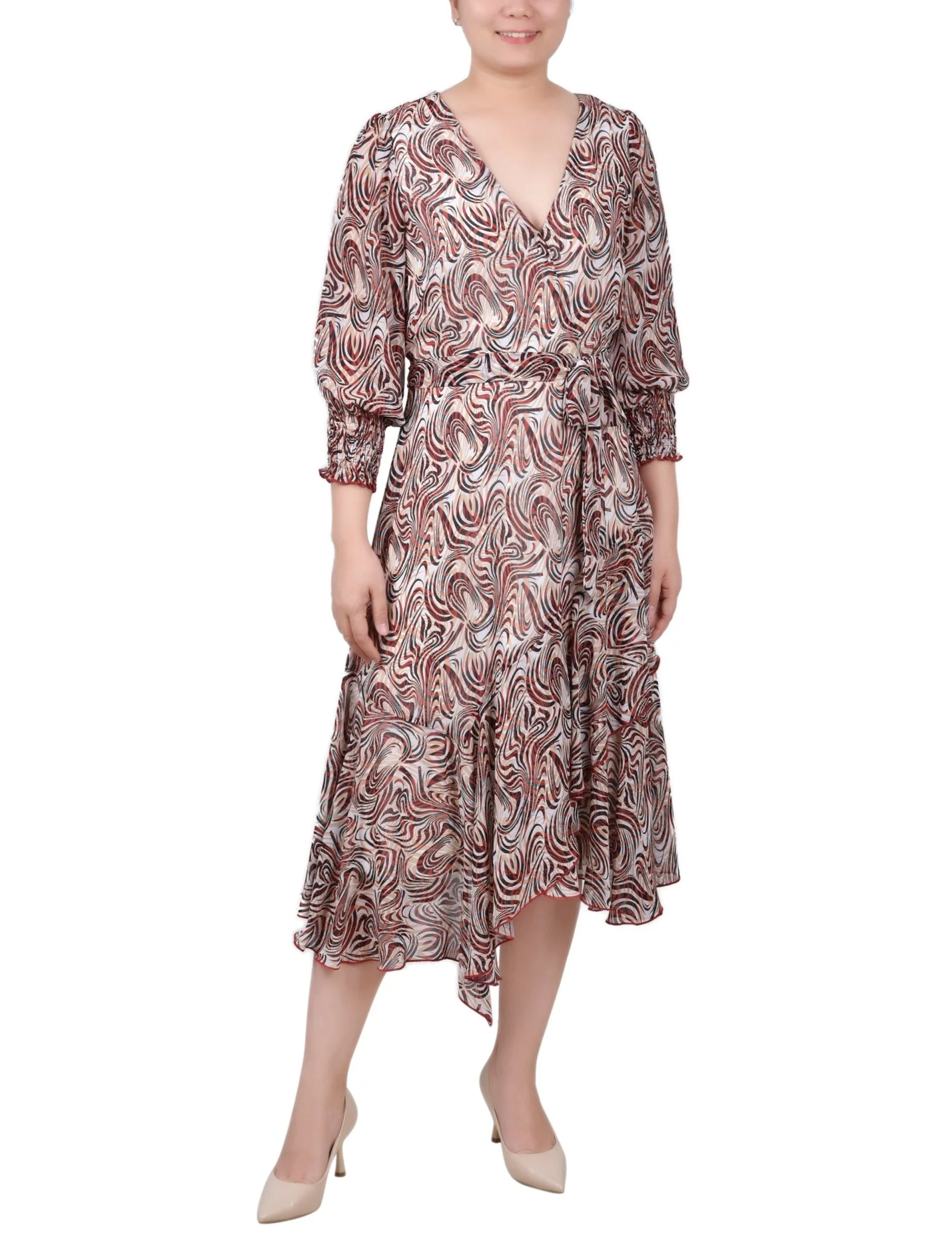 3/4 Length Sleeve Belted Chiffon Handkerchief Hem Dress - Petite - Image 13