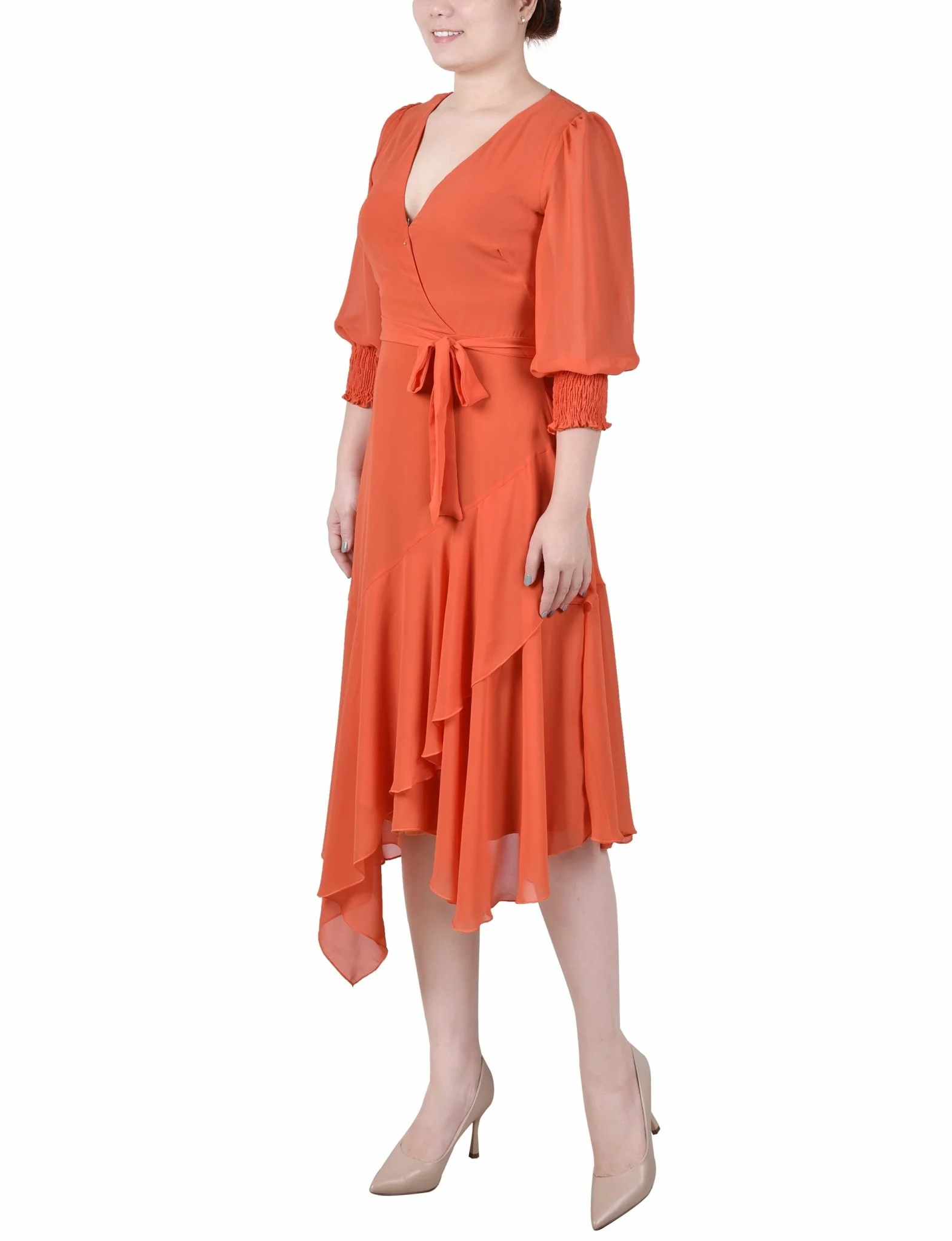 3/4 Length Sleeve Belted Chiffon Handkerchief Hem Dress - Petite - Image 8