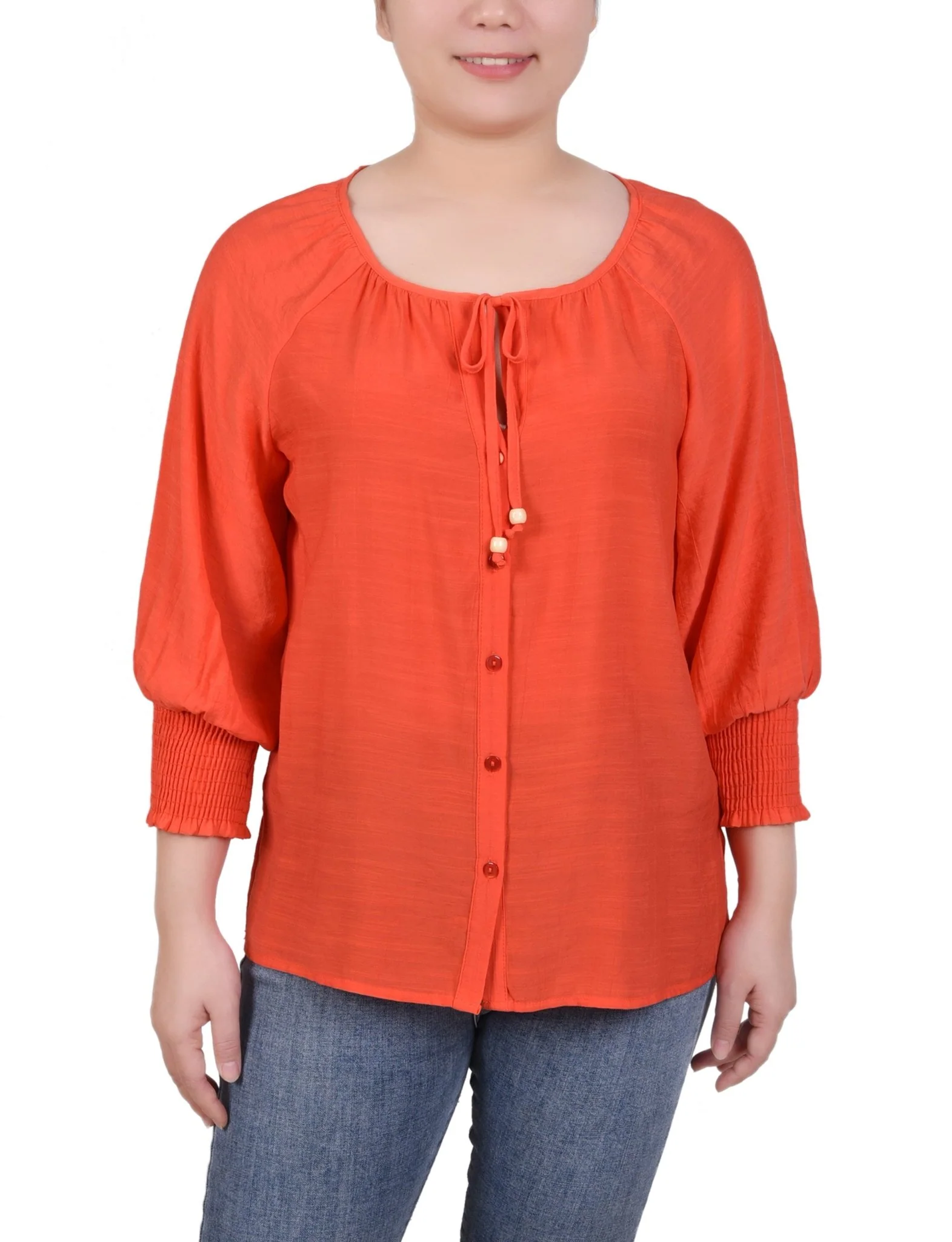3/4 Length Sleeve Button Front Blouse - Petite - Image 4