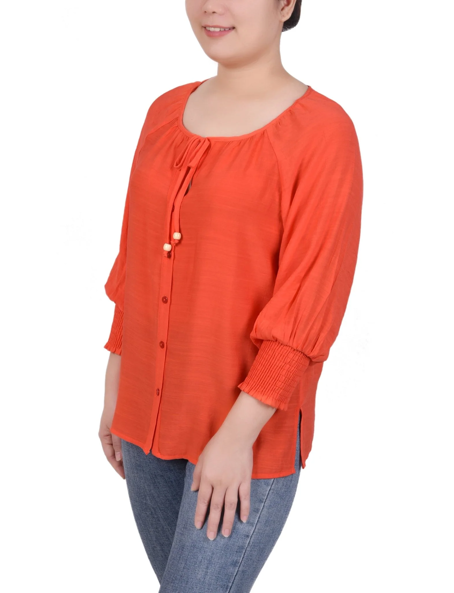 3/4 Length Sleeve Button Front Blouse - Petite - Image 5