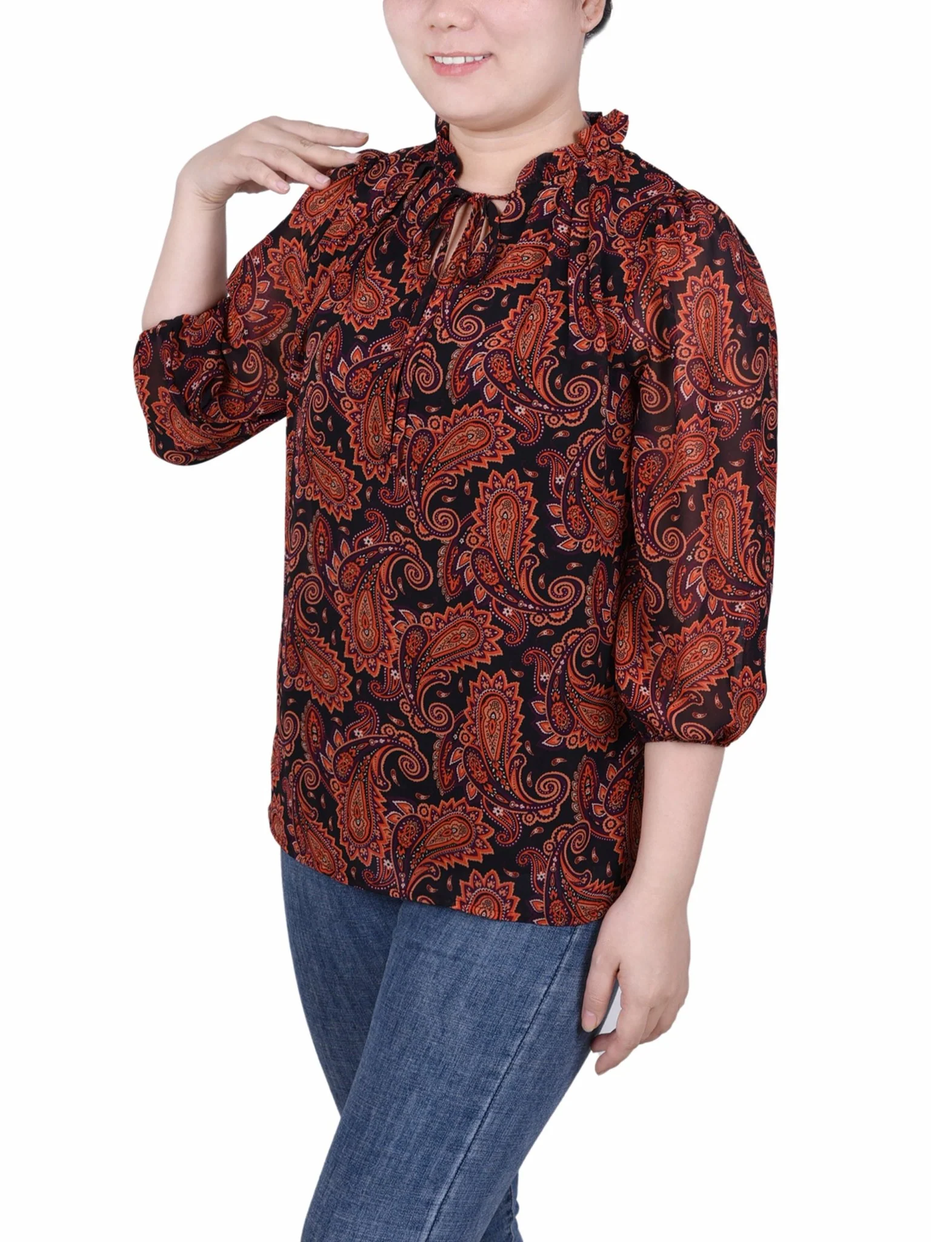 3/4 Length Sleeve Chiffon Blouse - Petite - Image 10