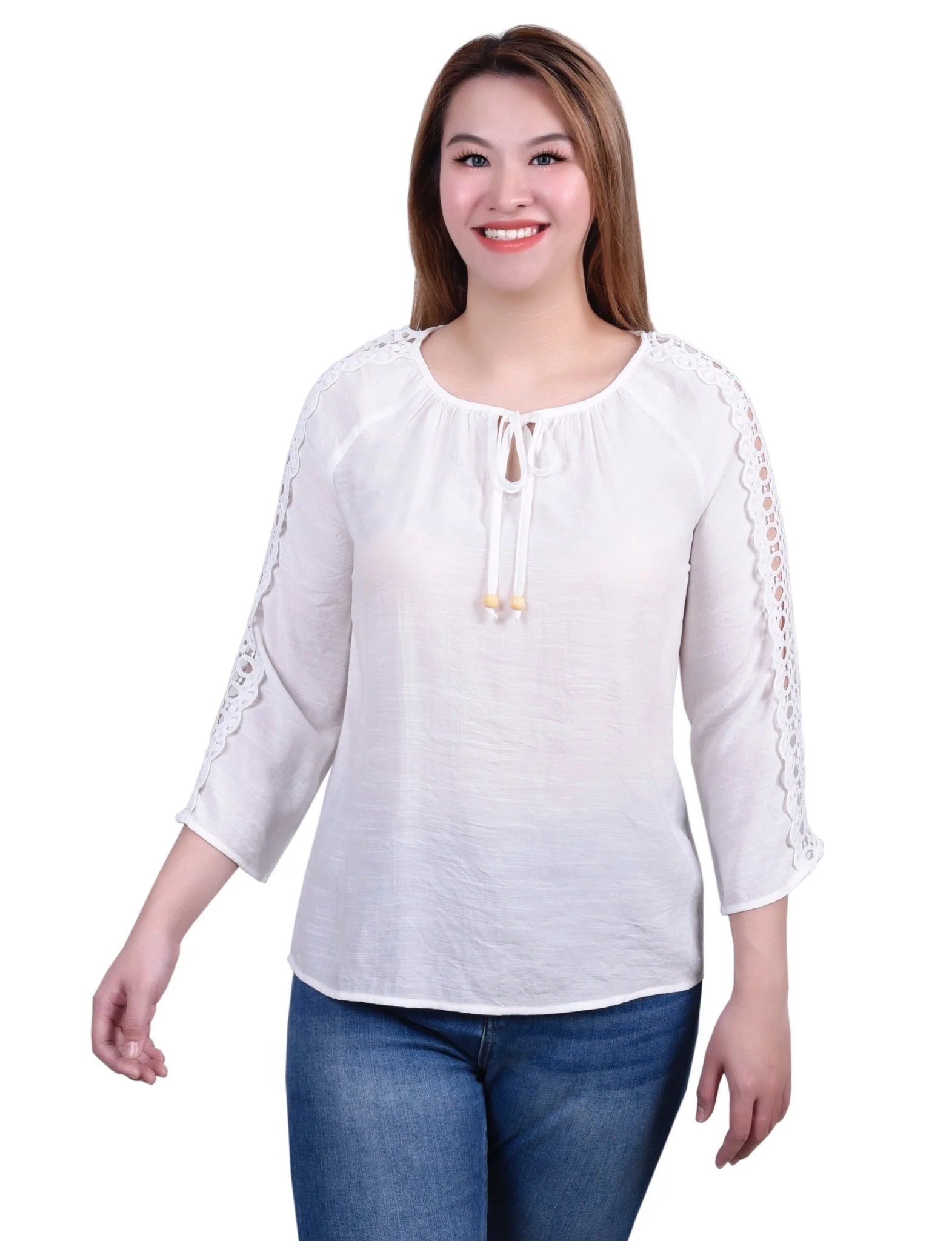 3/4 Length Sleeve Crochet Detail Blouse - Image 25