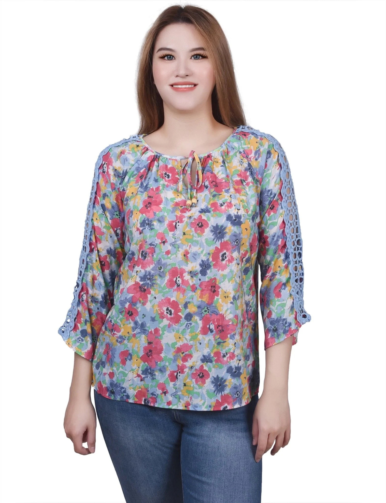 3/4 Length Sleeve Crochet Detail Blouse - Image 5