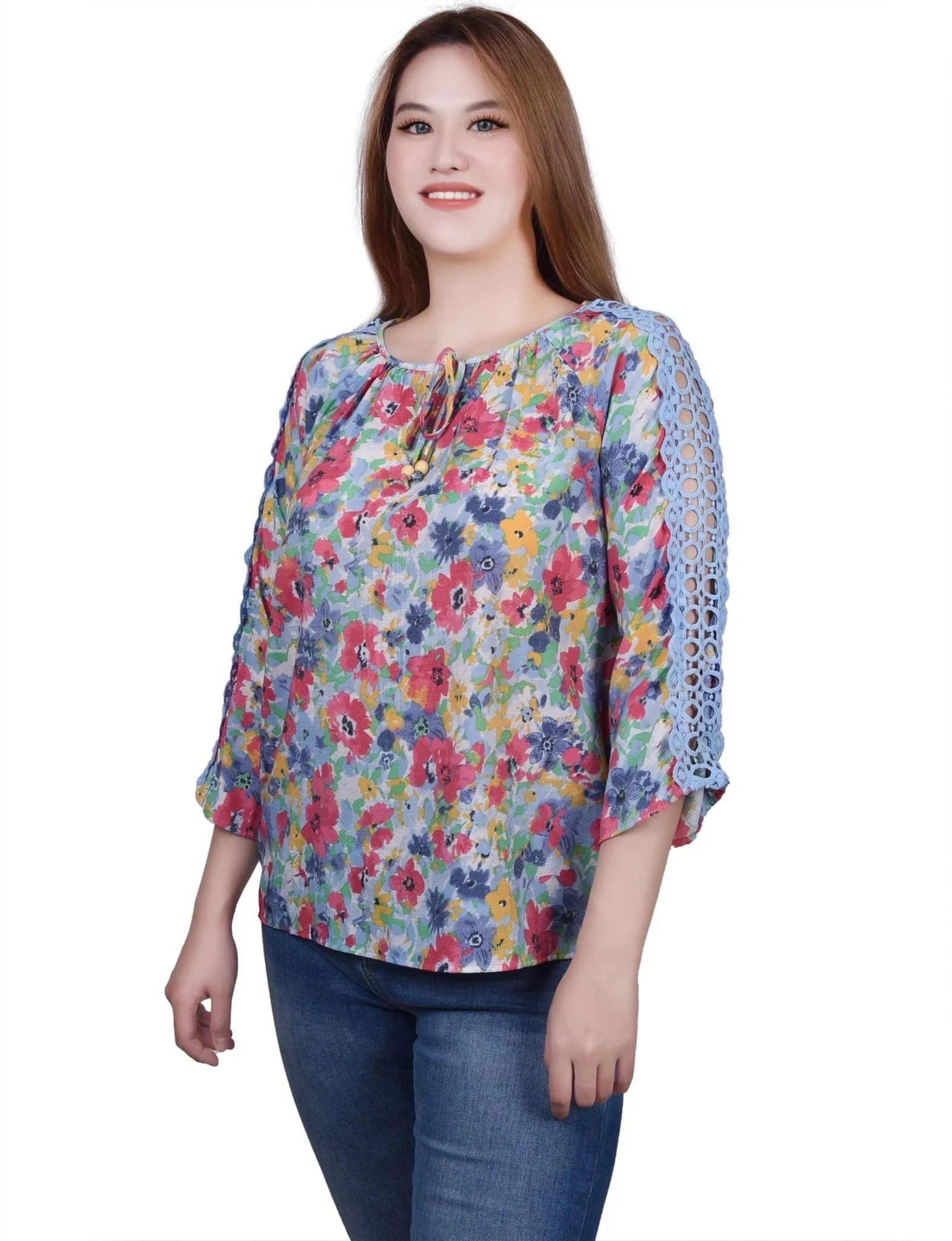 3/4 Length Sleeve Crochet Detail Blouse - Petite - Image 6