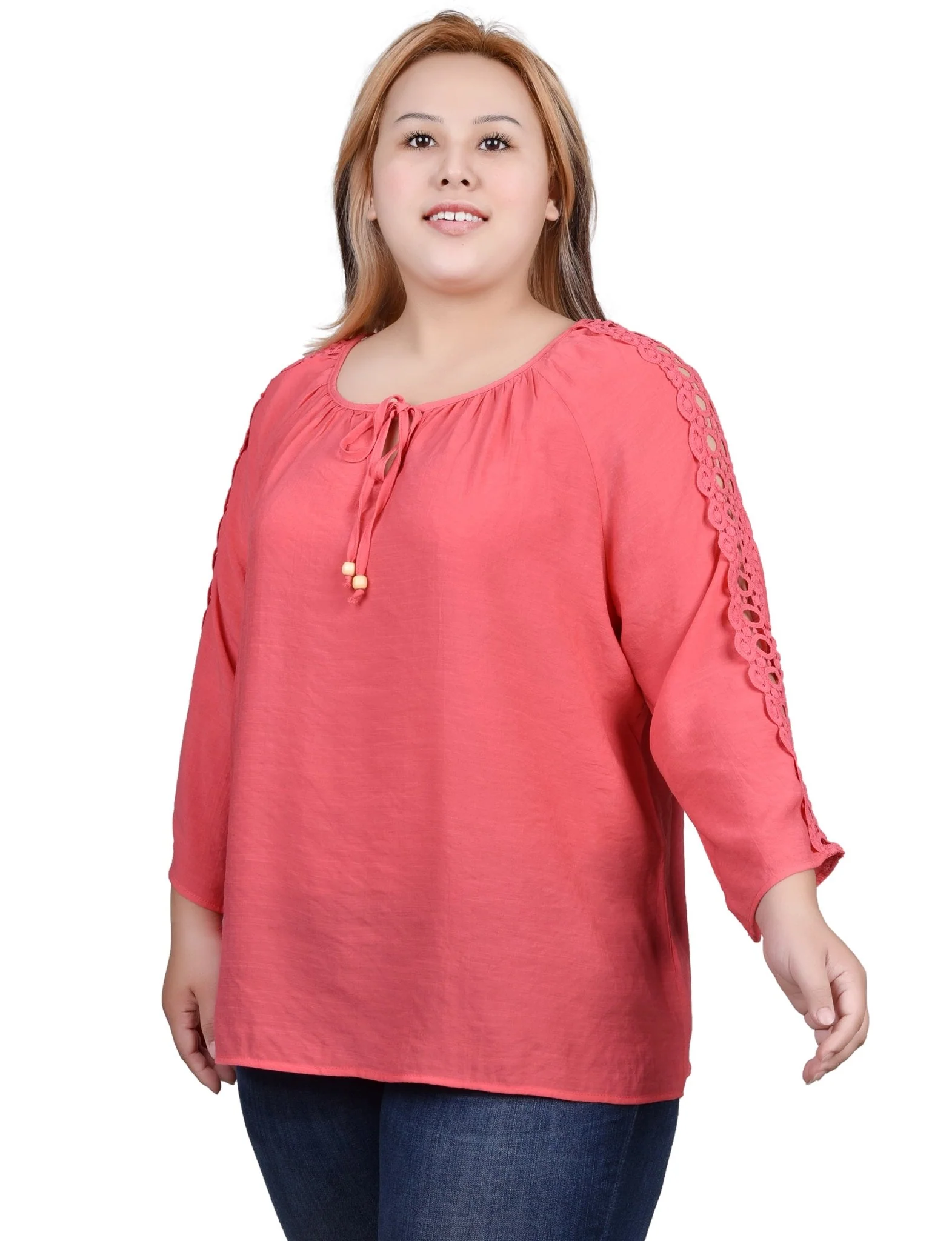 3/4 Length Sleeve Crochet Detail Blouse - Plus - Image 18