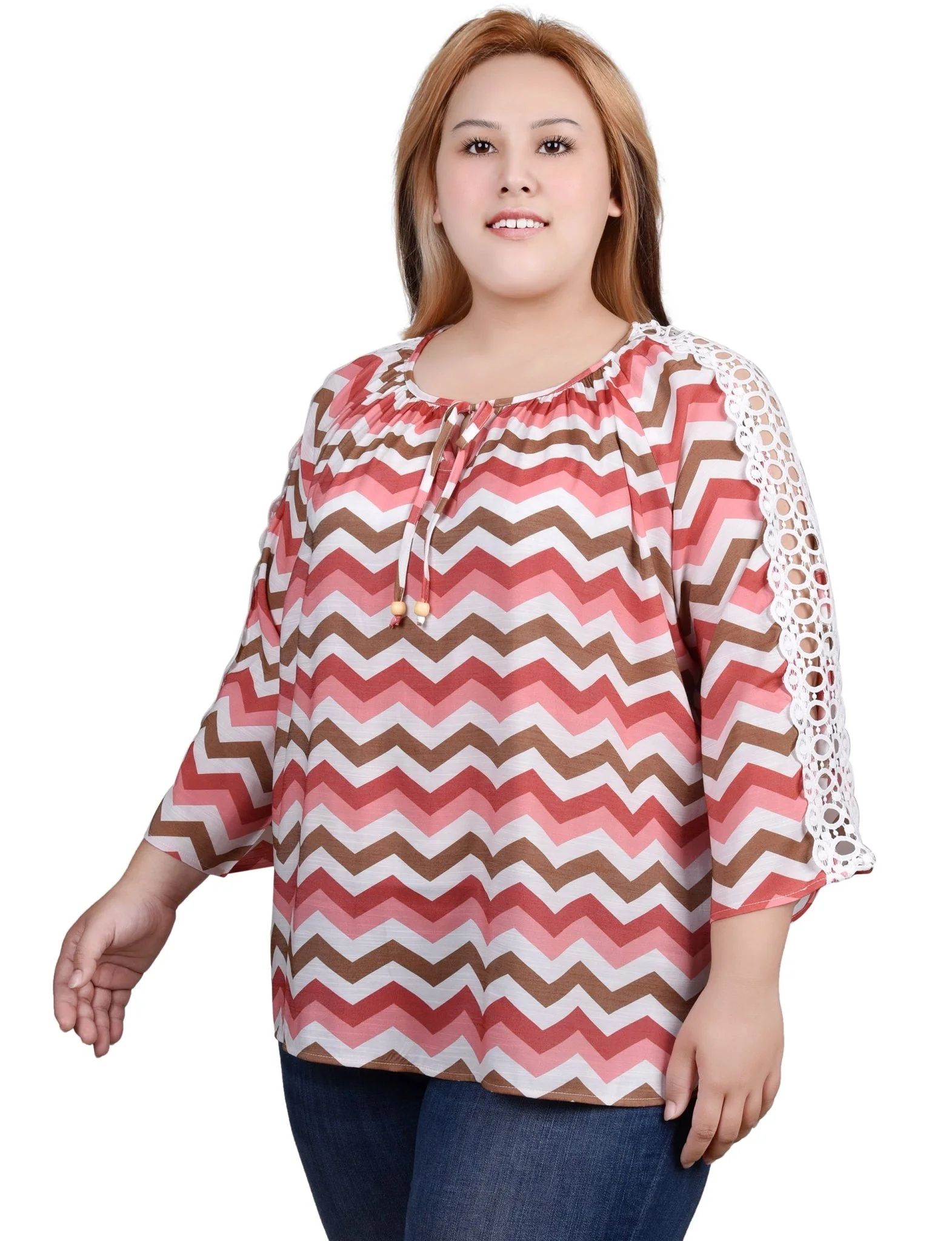 3/4 Length Sleeve Crochet Detail Blouse - Plus - Image 2