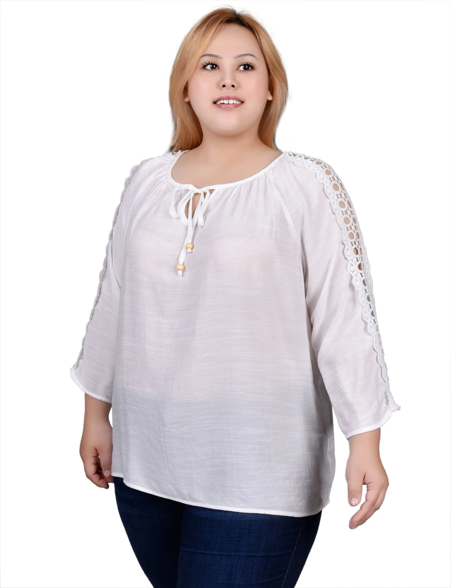 3/4 Length Sleeve Crochet Detail Blouse - Plus - Image 22