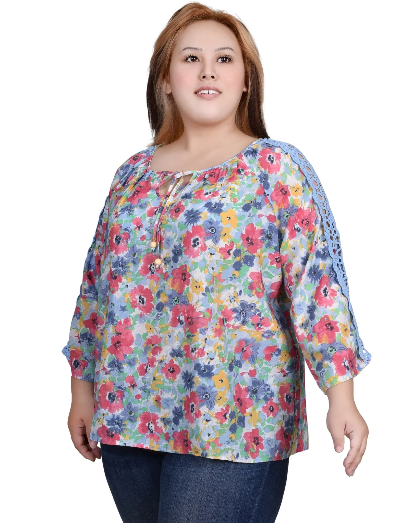 3/4 Length Sleeve Crochet Detail Blouse - Plus - Image 5