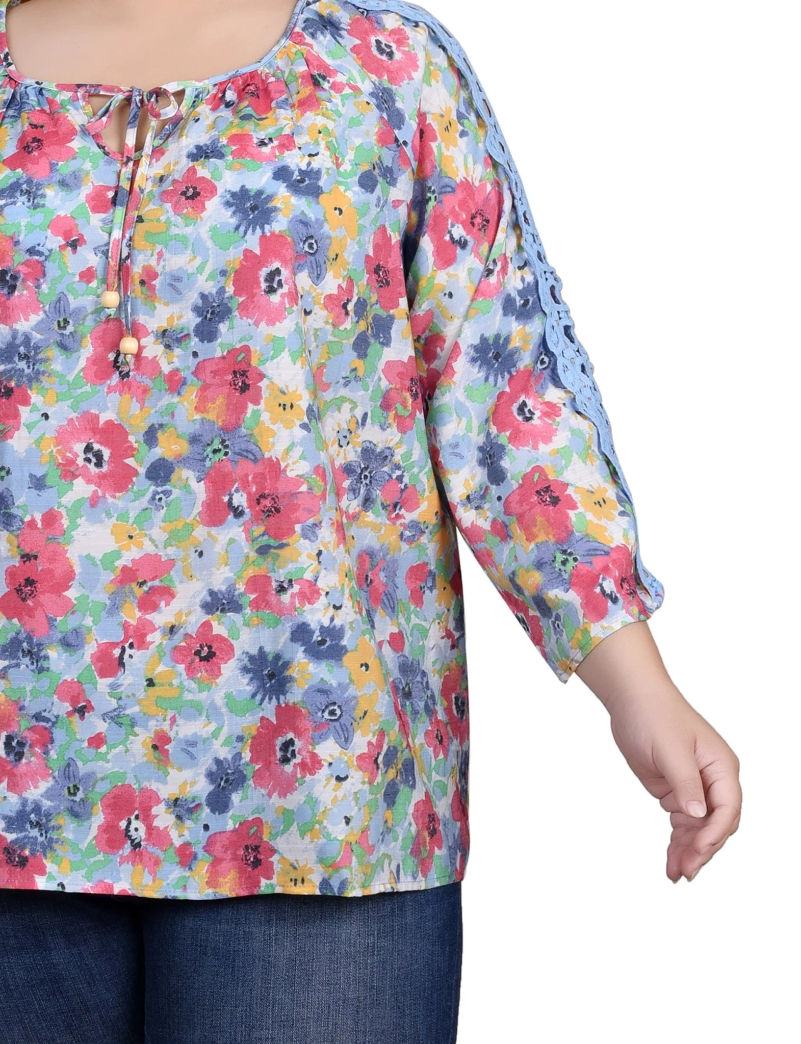 3/4 Length Sleeve Crochet Detail Blouse - Plus - Image 7
