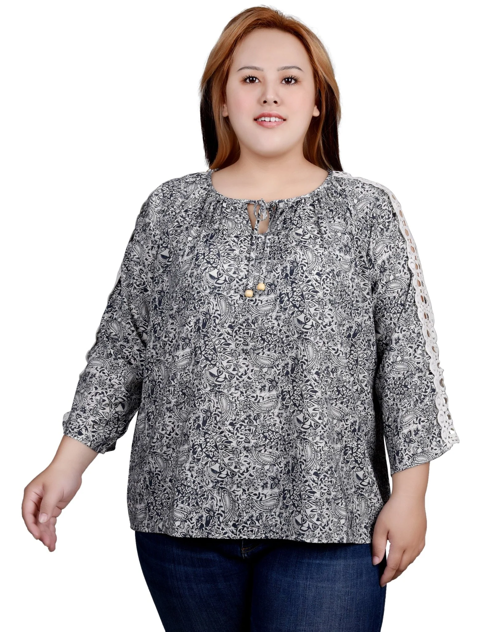 3/4 Length Sleeve Crochet Detail Blouse - Plus - Image 9