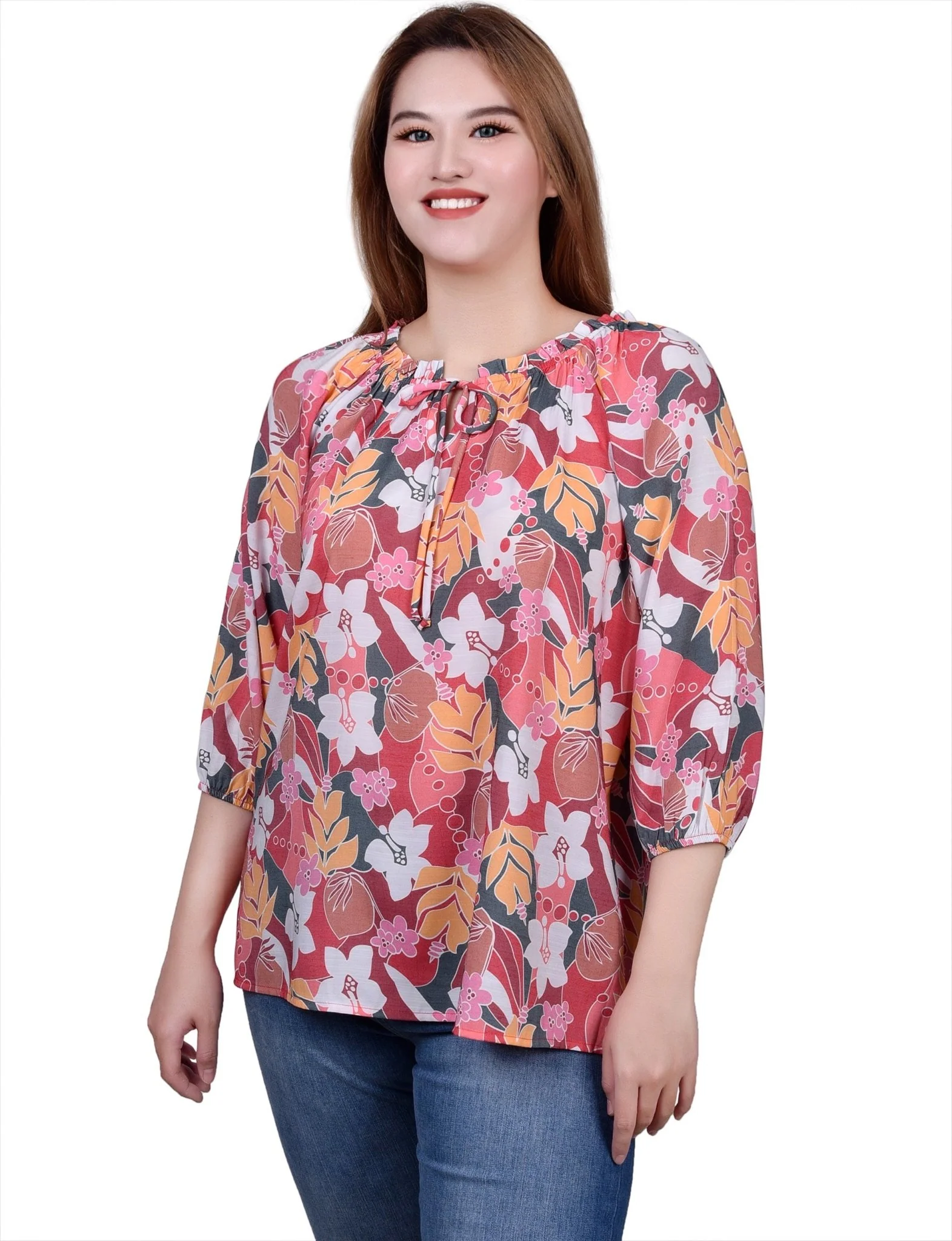 3/4 Length Sleeve Drawstring Neck Blouse - Image 6