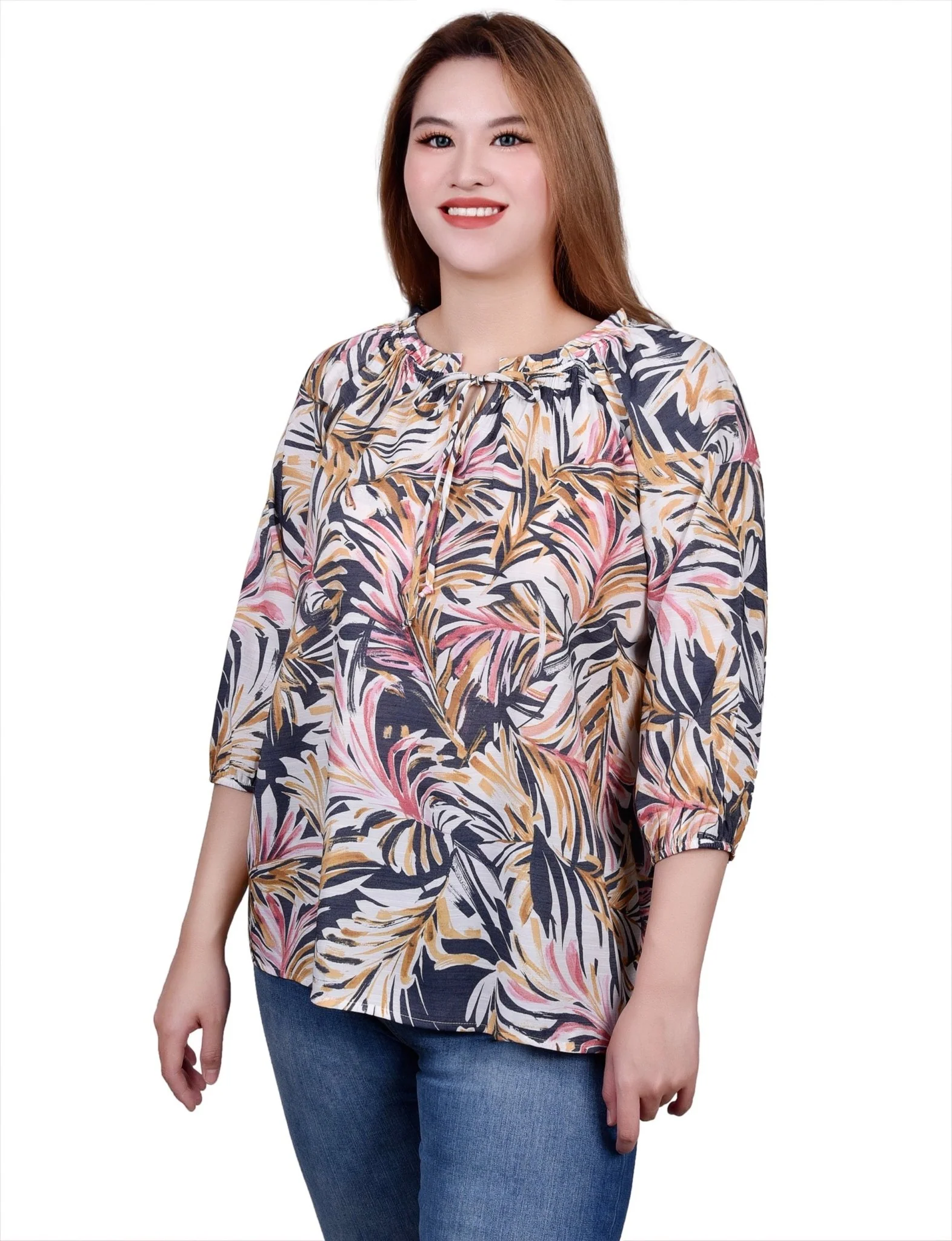 3/4 Length Sleeve Drawstring Neck Blouse - Petite - Image 2