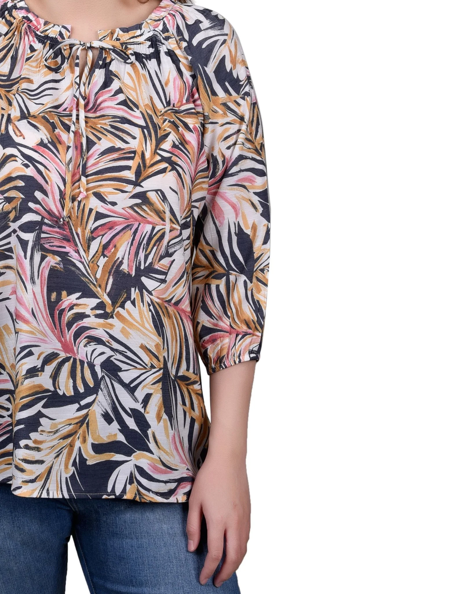 3/4 Length Sleeve Drawstring Neck Blouse - Petite - Image 3