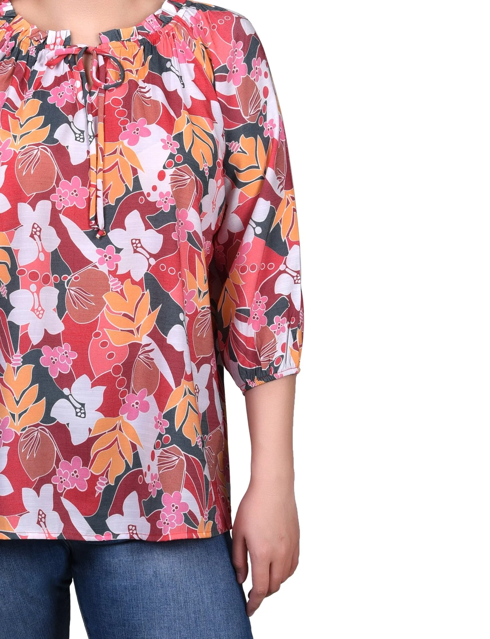 3/4 Length Sleeve Drawstring Neck Blouse - Petite - Image 7