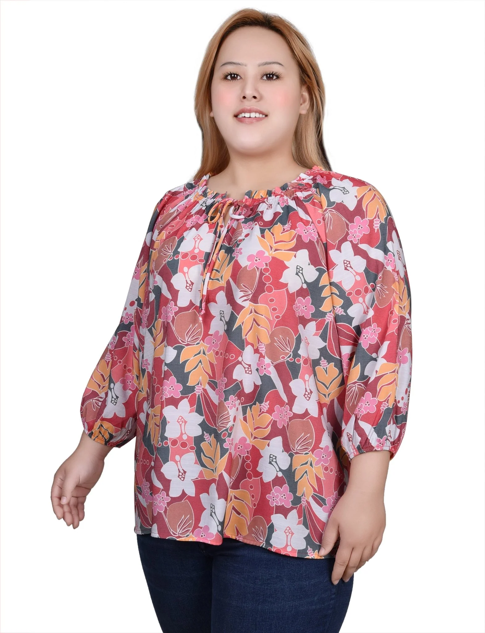 3/4 Length Sleeve Drawstring Neck Blouse - Plus - Image 6