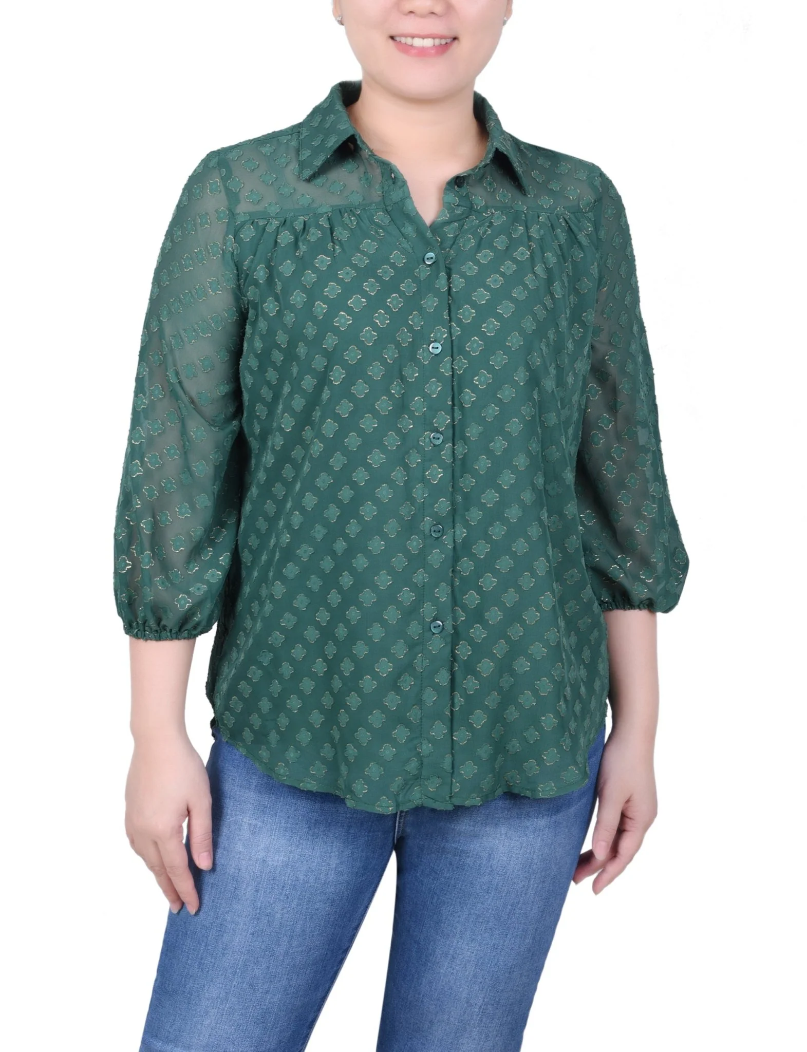 3/4 Length Sleeve Foiled Jacquard Chiffon Blouse - Petite - Image 5