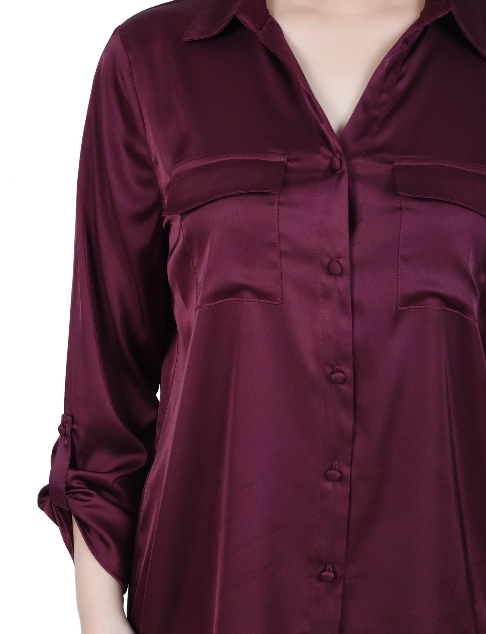 3/4 Length Sleeve Roll Tab Satin Blouse - Petite - Image 3