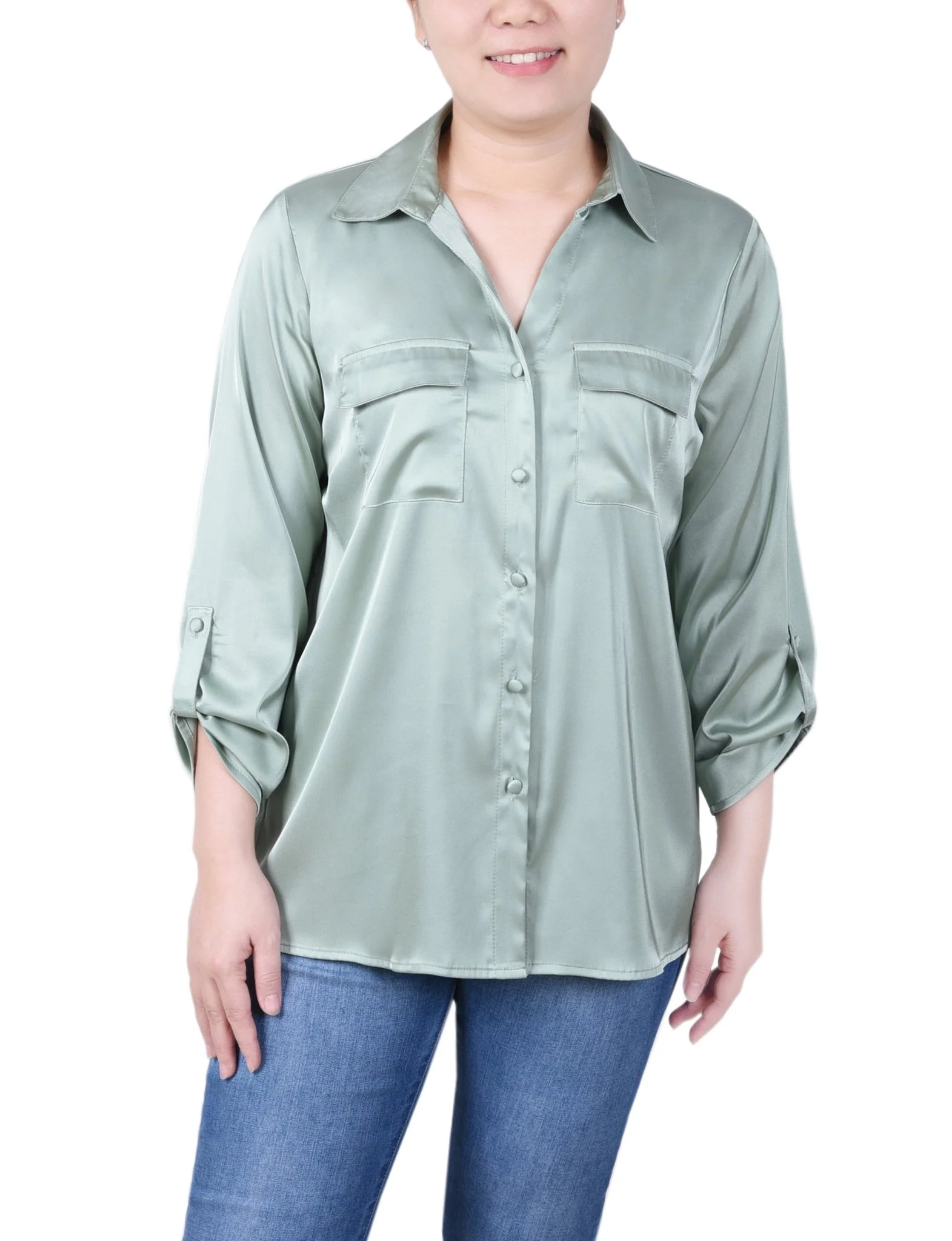 3/4 Length Sleeve Roll Tab Satin Blouse - Petite - Image 9