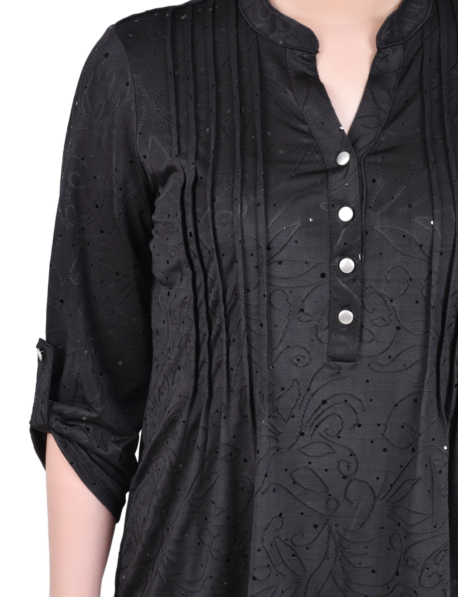 3/4 Length Sleeve Roll Tab Y Neck Top - Petite - Image 3