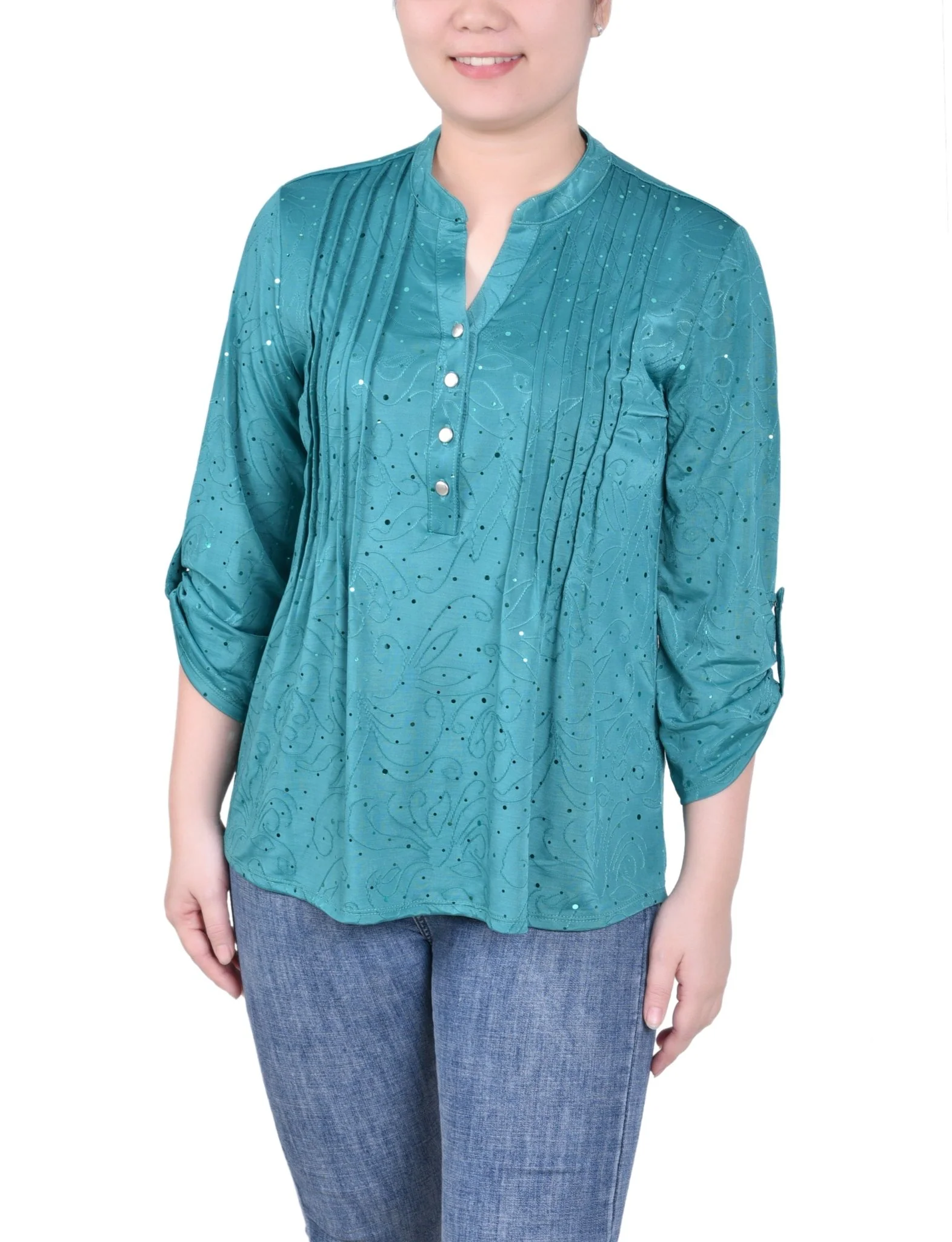 3/4 Length Sleeve Roll Tab Y Neck Top - Petite - Image 5