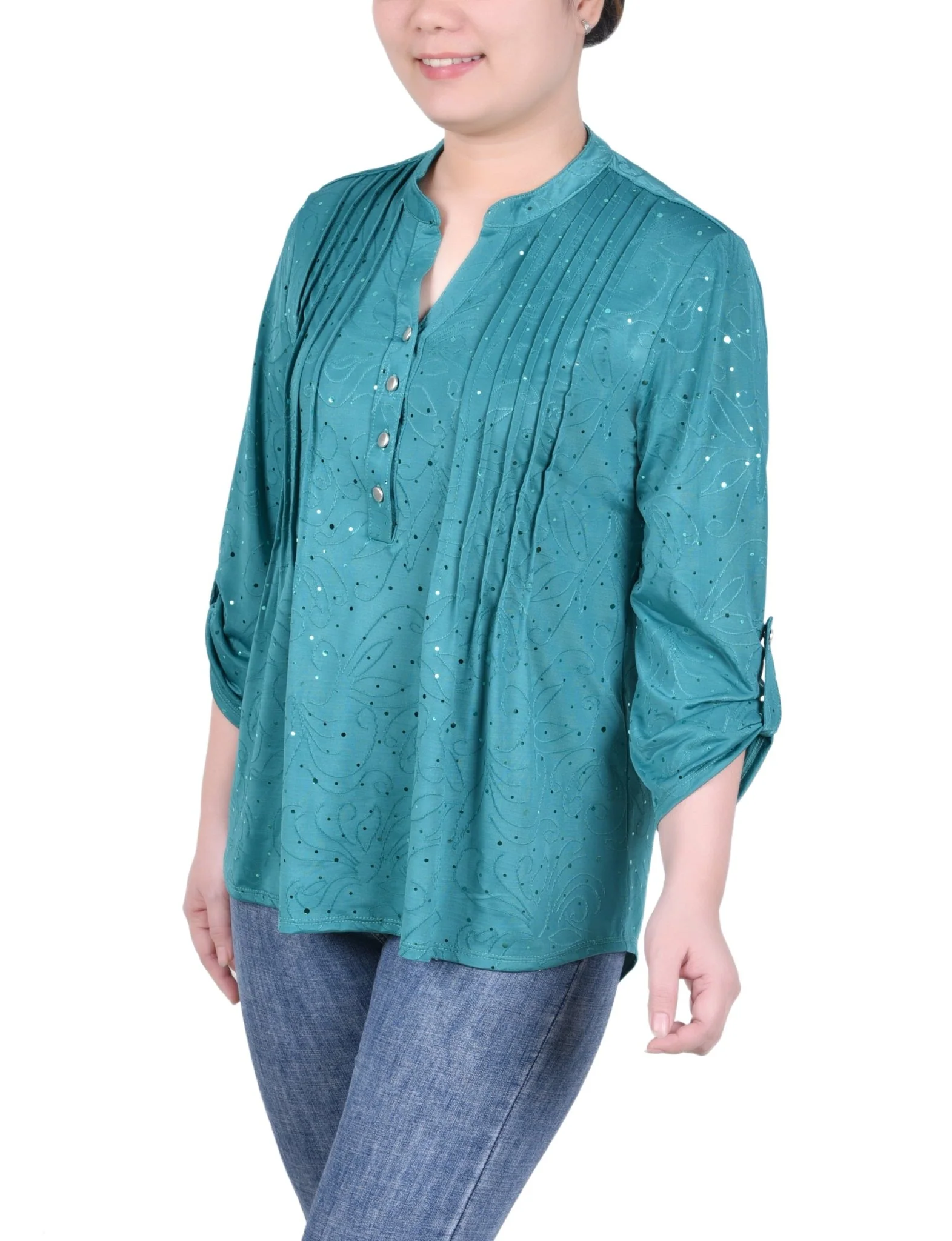 3/4 Length Sleeve Roll Tab Y Neck Top - Petite - Image 6