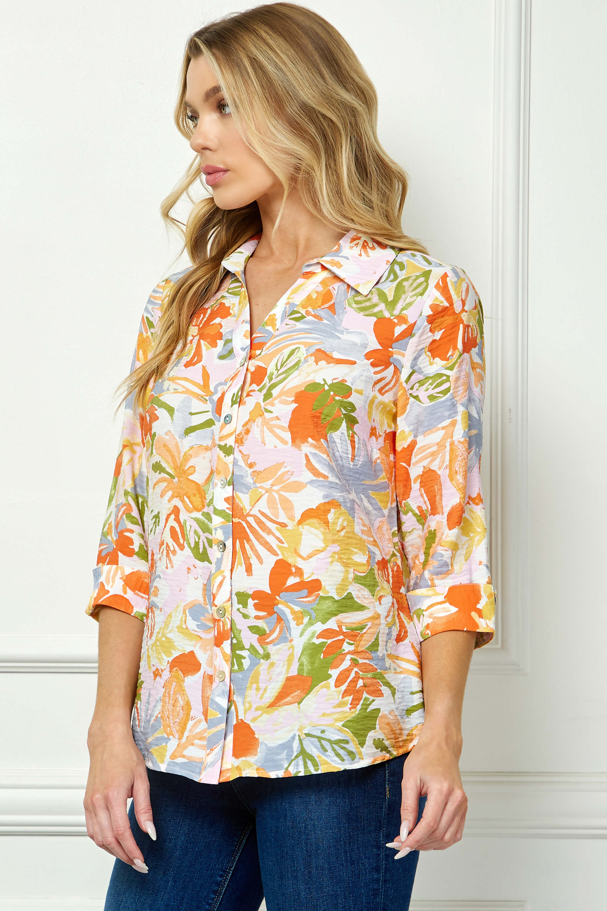 3/4 Notch Cuff Sleeve Johnny Collar Shirt in Orange - Image 3